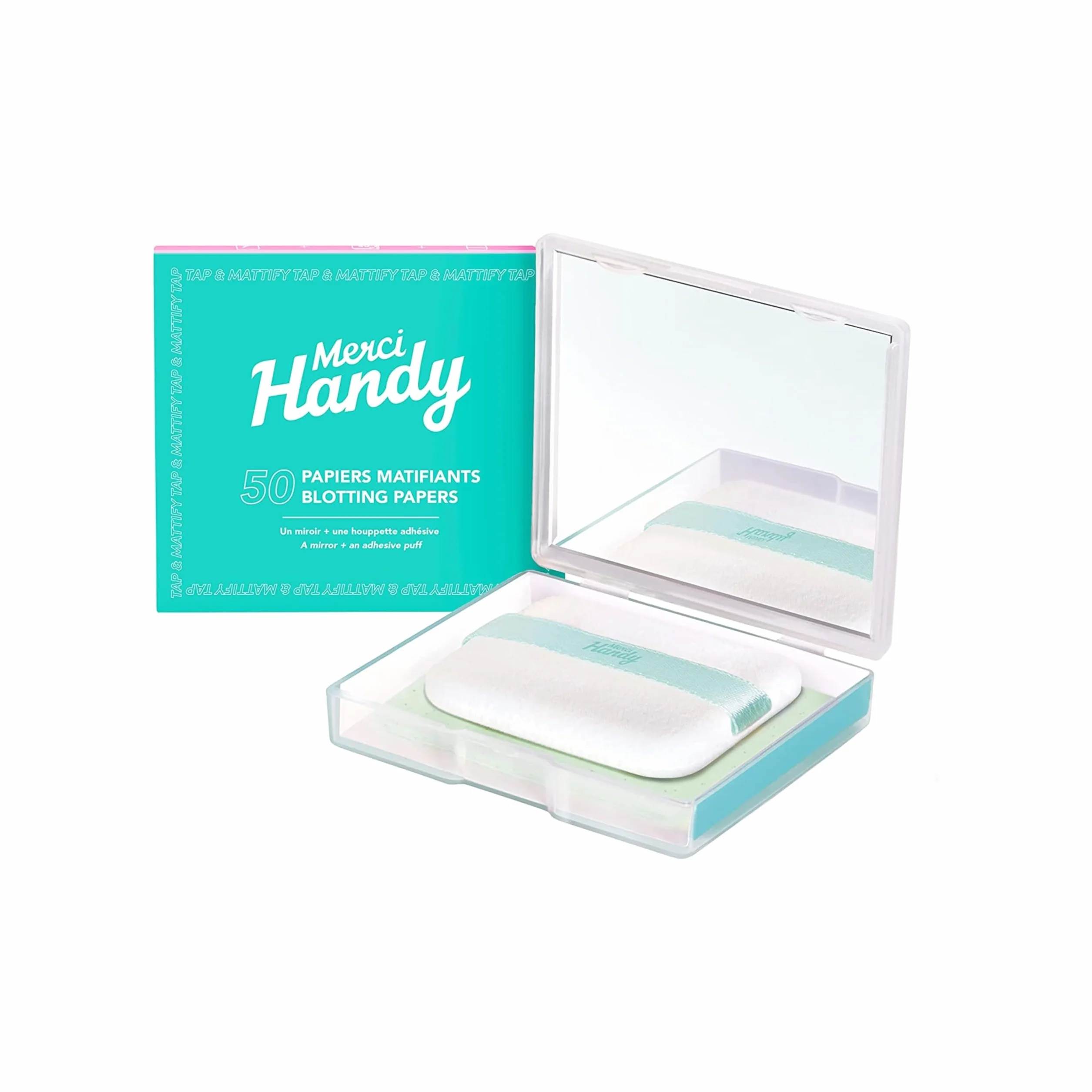 Merci Handy - Papier matujący do twarzy - 50 arkuszy + 1 lustro + 1 gąbka do pudrowania - Nadaje się do wszystkich rodzajów skóry - Wegańska