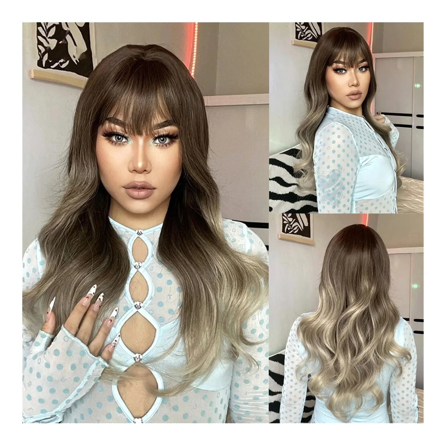 Peruki dla kobiet Ombre brązowy blond długie faliste peruki syntetyczne z grzywką naturalny szary jesion peruka dla kobiet codzienny Cosplay żaroodporne