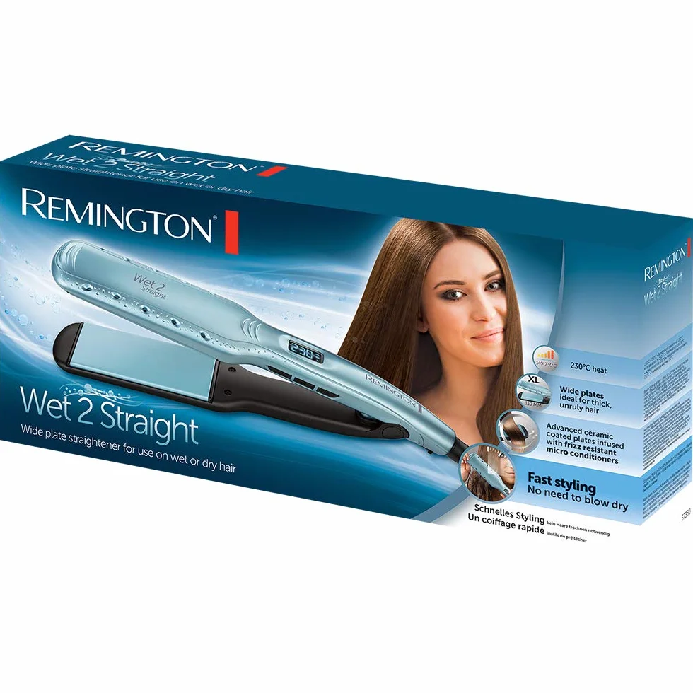 Remington prostownica do włosów, na suche i mokre włosy, otwory odparowują nadmiar wody z włosów, płytki z mikroodżywkami z marokańskim olejem, zakres temp. 140-230°C, błękitna, Wet2Straight S7350