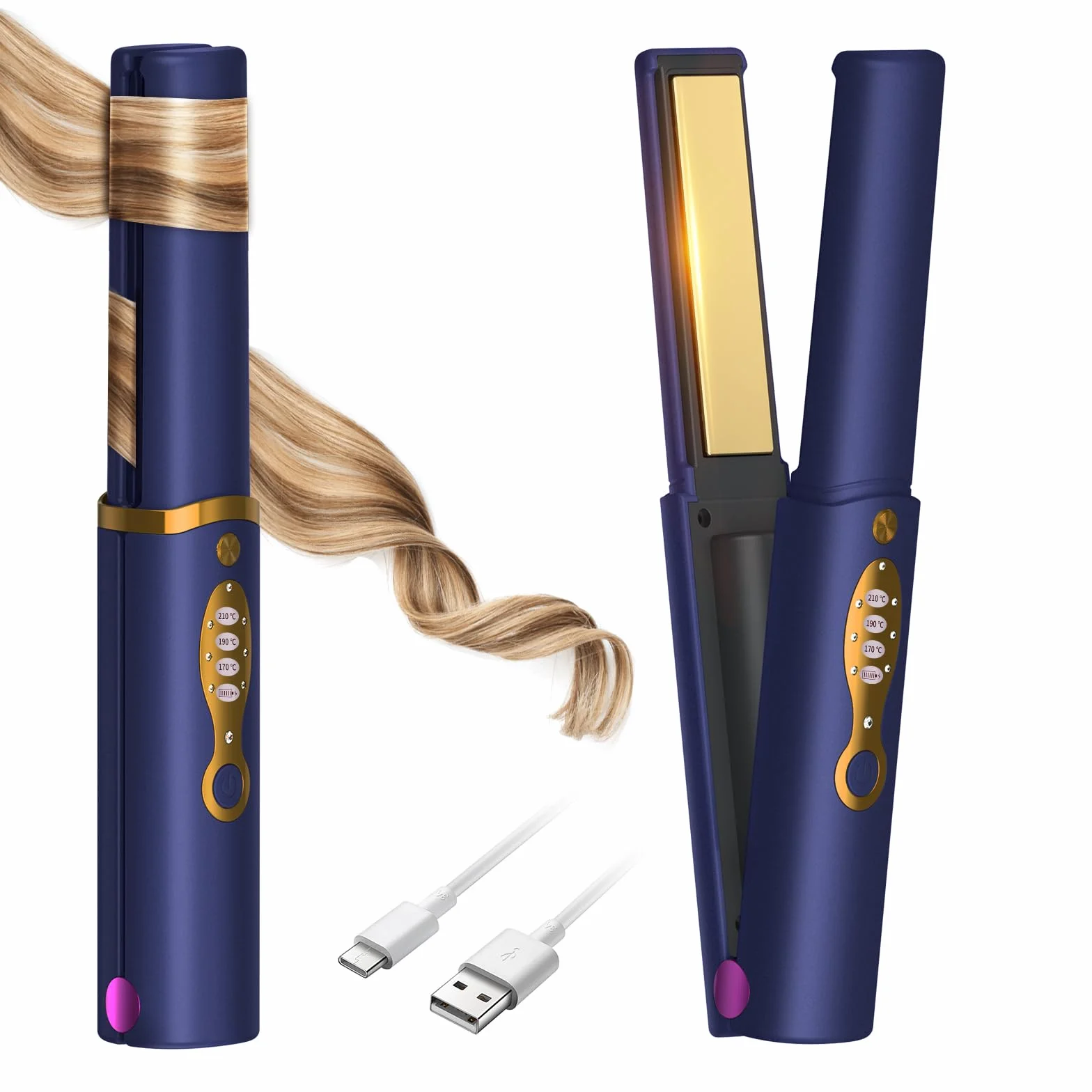 OBEST Prostownica bezprzewodowa, 2 w 1, do loków i prostowania, przenośna prostownica USB, szybkie nagrzewanie ceramiczne, 3 regulowane temperatury, 5000 mA