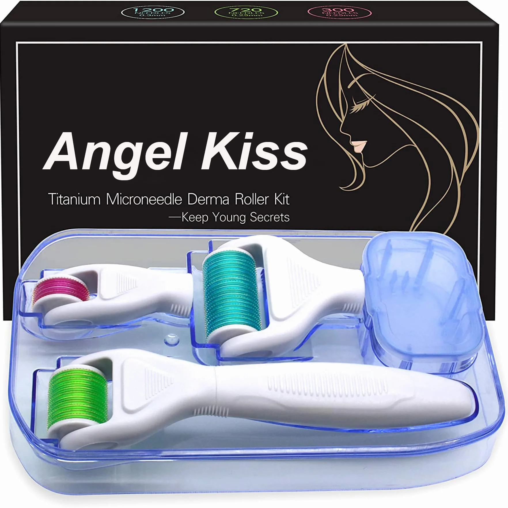 Derma Roller do chleba do twarzy, ciała, włosów, chleba - Angel Kiss 4 w 1, tytanowy zestaw wałków do mikroigły, microneedling roler, 300 igieł 0,5 mm, 720/1200 igła 1,0 mm wałek mikroigłowy