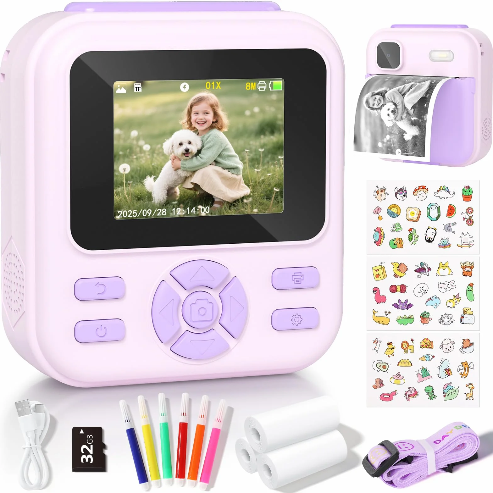 YOHOOLYO Aparat do natychmiastowego druku dla dzieci, cyfrowy aparat natychmiastowy 2,4 cala dla dzieci z kartą 32 GB i 3 rolkami papieru, cyfrowe zabawki wideo 1080P HD, prezenty urodzinowe dla