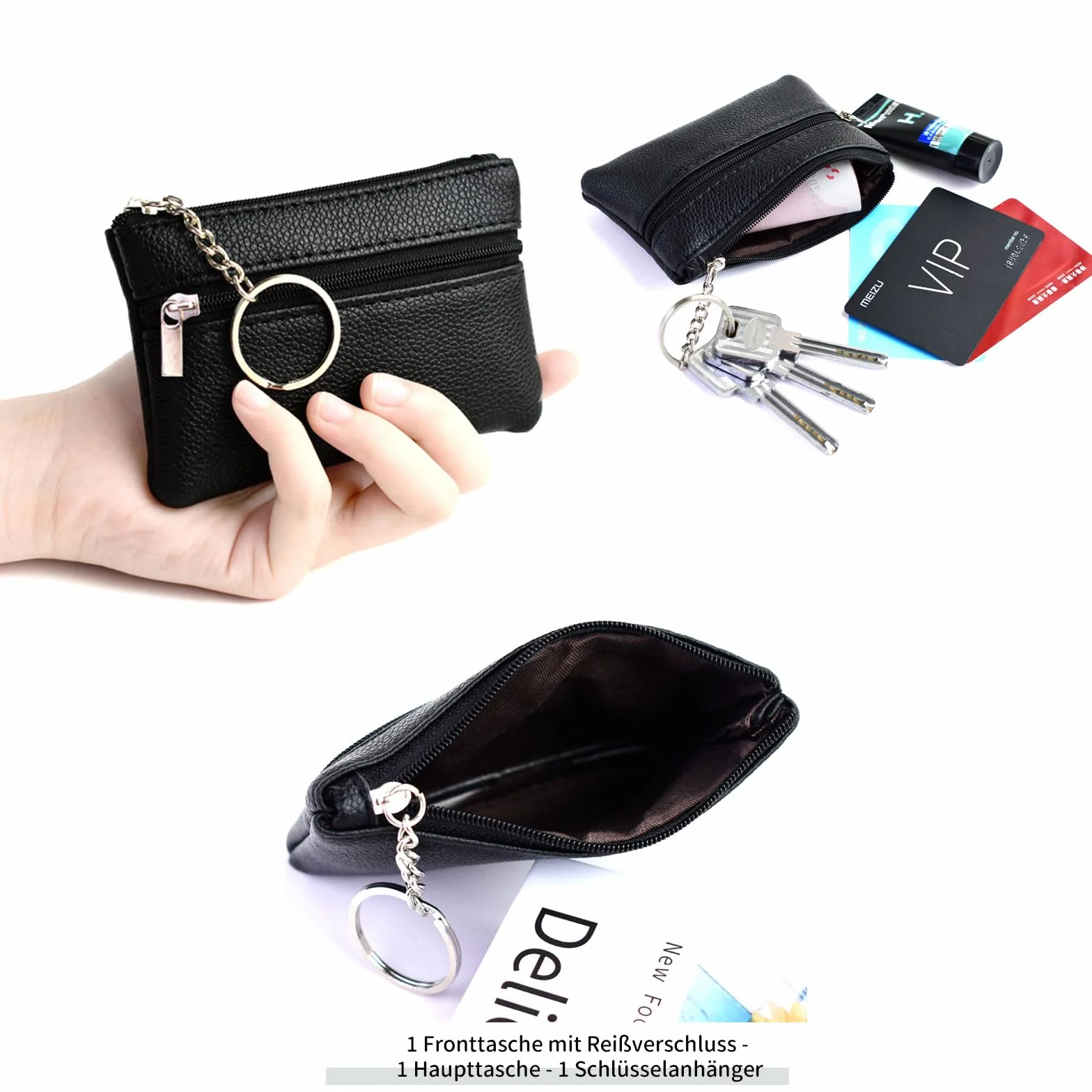 Dreamil Etui na klucze z prawdziwej skóry z 2 oddzielnymi przegrodami Mini-etui na klucze 11,5 x 7,5 x 1 cm Etui na klucze dla kobiet, mężczyzn, unisex, czarne