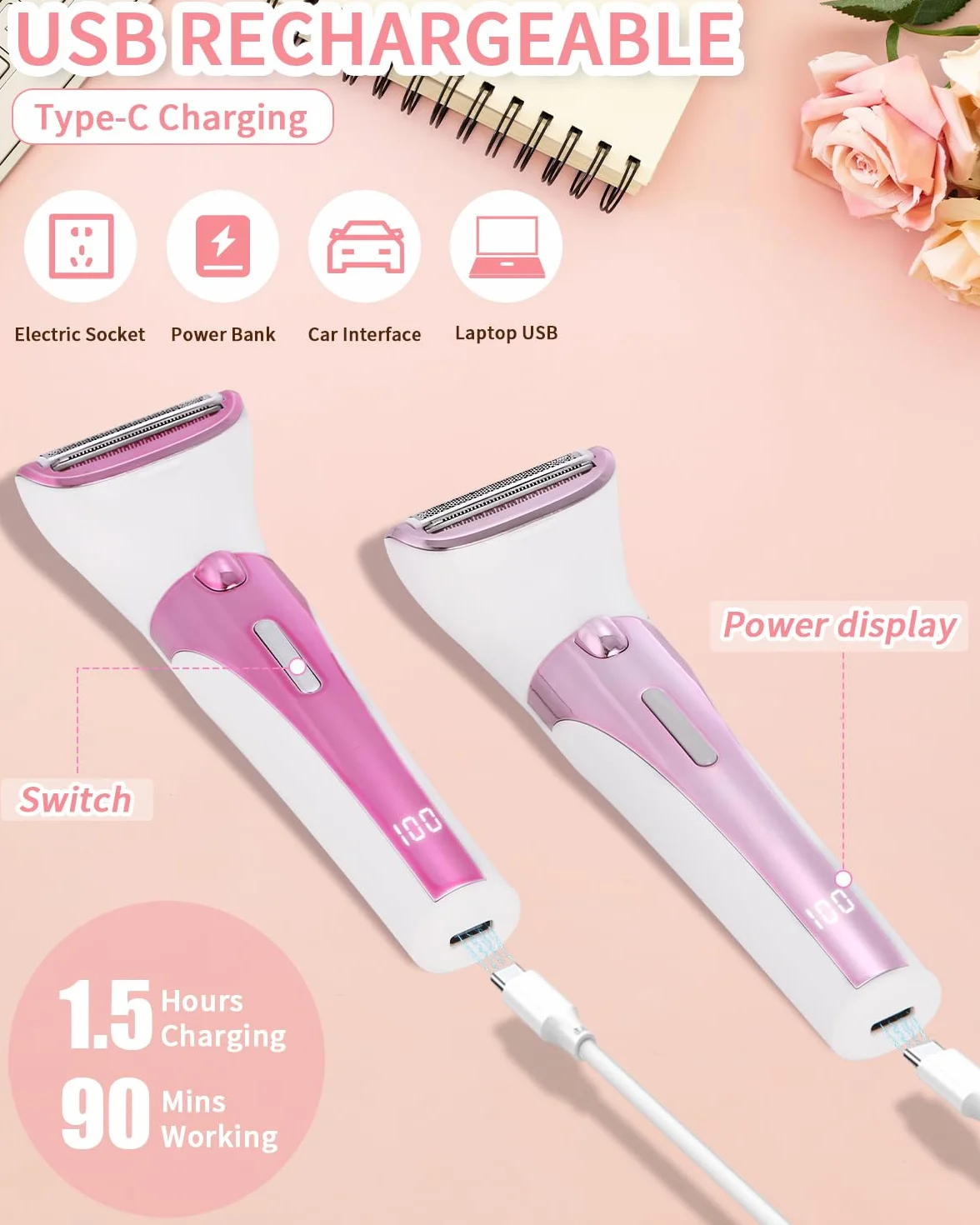 Golarka damska 5 w 1 depilator intymny z akumulatorem USB Różowy ZCA117