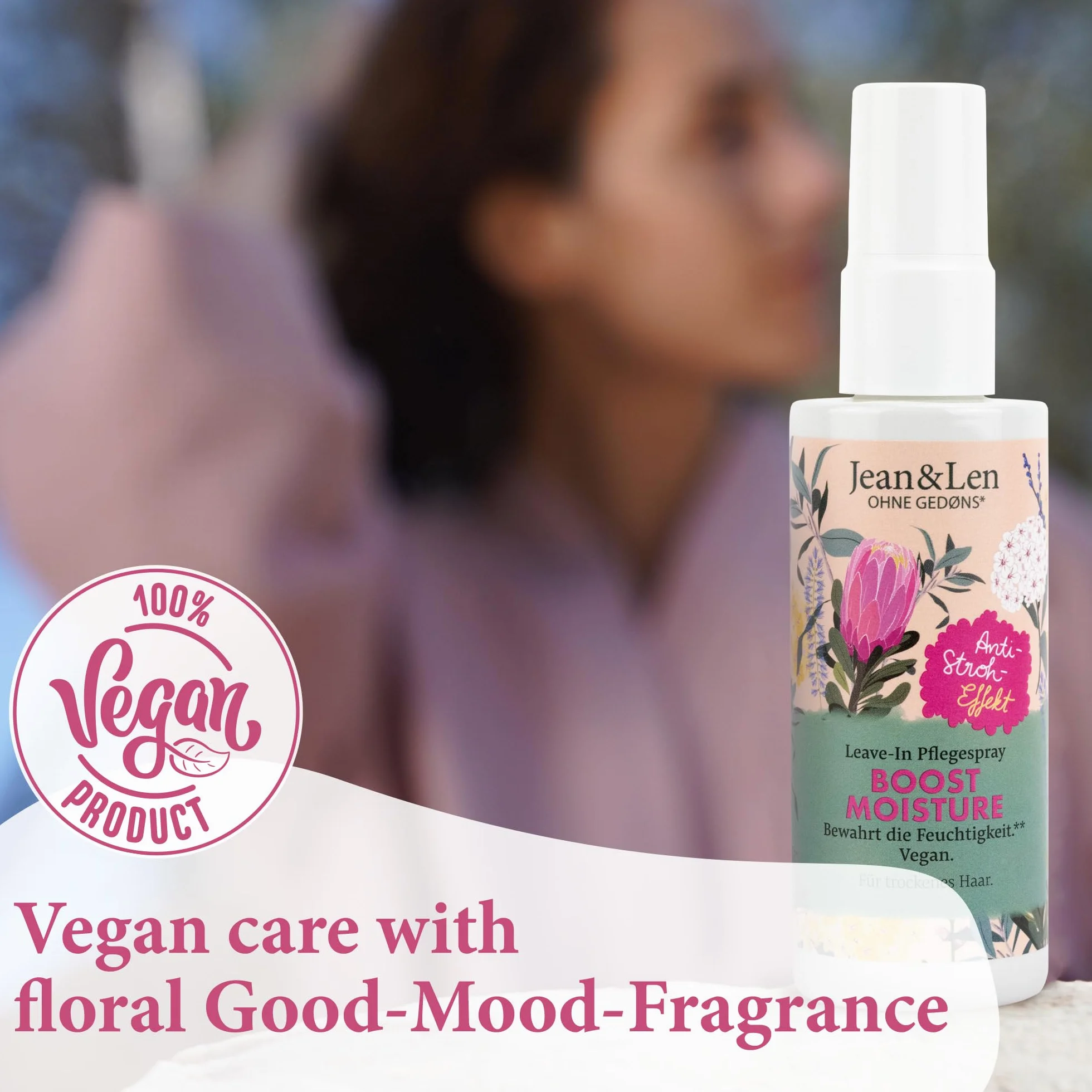 Jean & Len Filozofia specjalna pielęgnacja włosów Boost Moisture Leave In, zapewnia Twoim włosom bardzo dużo nawilżenia, sprawia, że włosy łatwiej się rozczesują, nadaje mu blask, 100 ml, 1 sztuka