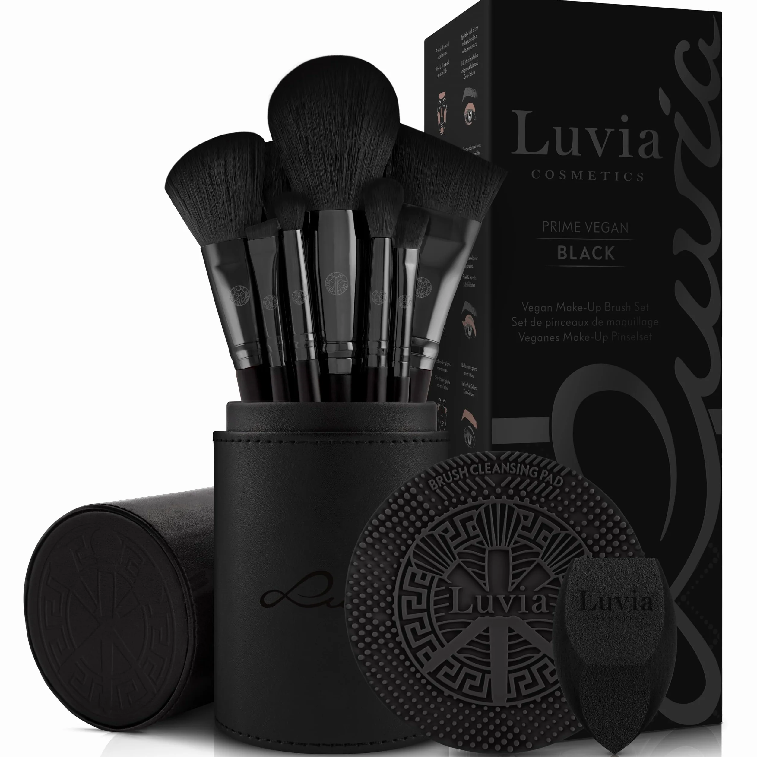 Zestaw pędzli do makijażu Luvia, Prime Vegan Pro - Black, 12 pędzli do makijażu, w tym pojemnik na pędzle, gąbka do blendowania i mata do czyszczenia pędzli kosmetycznych, w kolorze czarnym