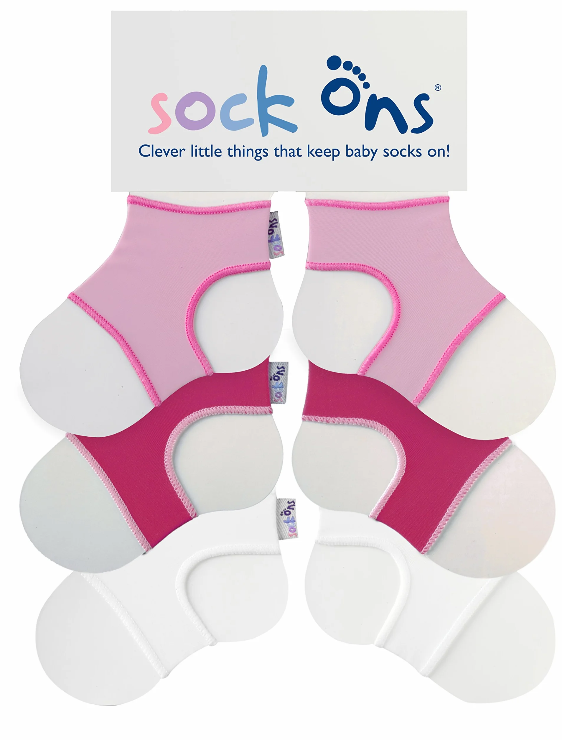 Sock Ons - Uchwyty na skarpetki dla niemowląt - 0-6 miesięcy - 3 szt. (1 x biały, 1 x fuksja, 1 x różowy niemowlęcy) - niesamowity pakiet - Keep Baby