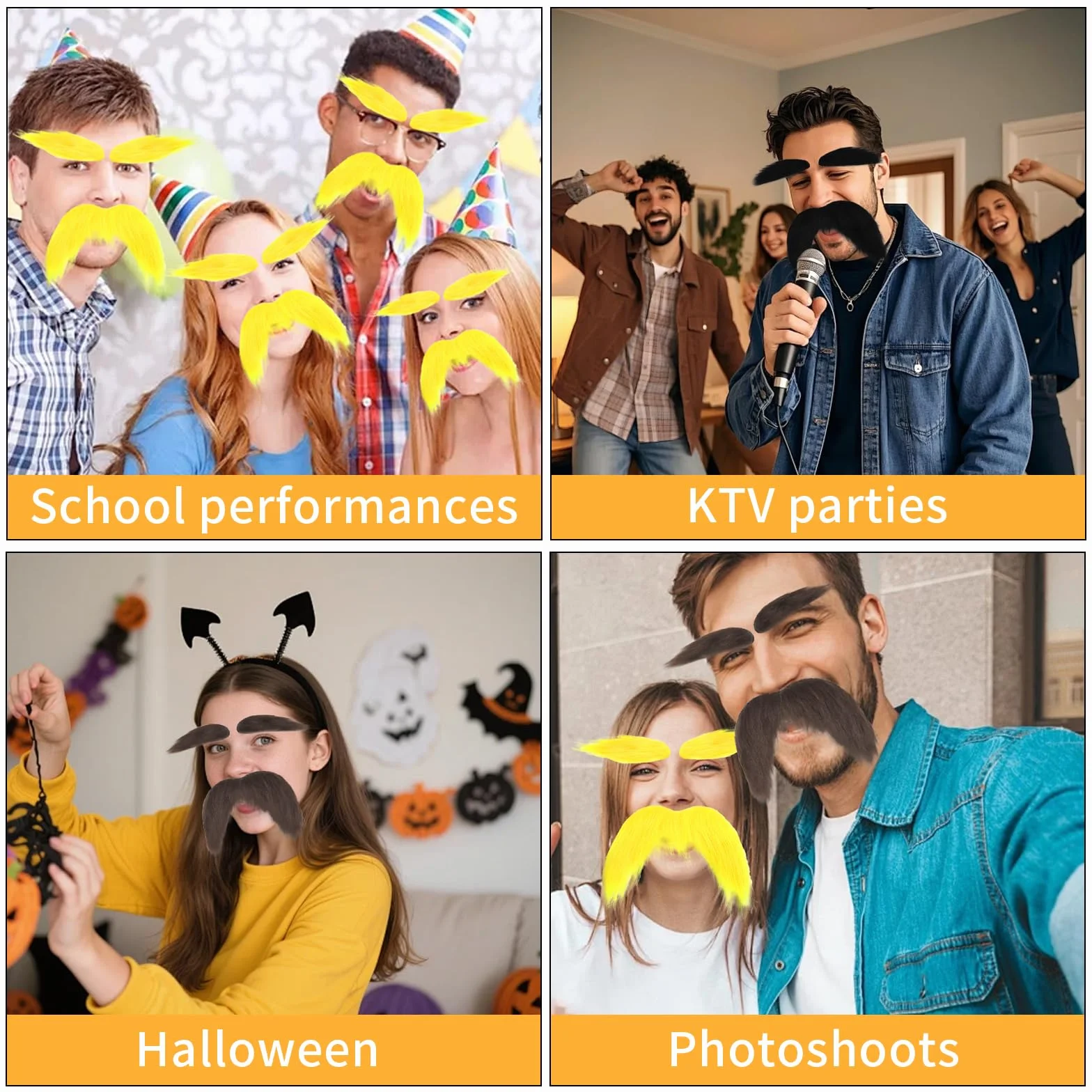 Fałszywy zestaw brwi, 3 kolory, wąsy do przyklejenia, do sztucznych wąsów, zabawne akcesoria do kostiumu na karnawał, Halloween, imprezę i cosplay, rekwizyty fotograficzne i odgrywanie ról