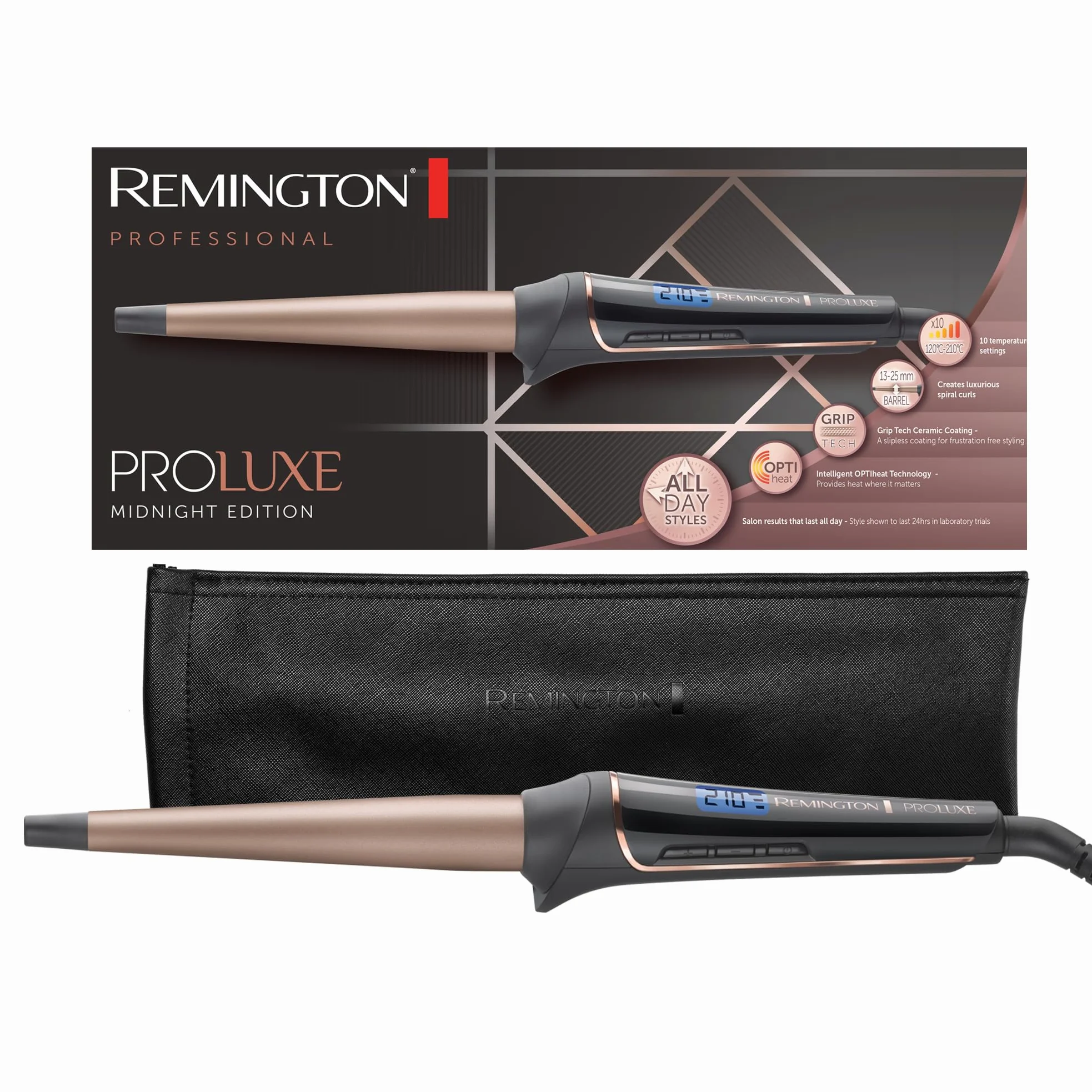 Remington lokówka 13-25mm do włosów, inteligentna tech. OptiHeat utrwala fryzurę do 24h, funkcja PRO+, zakres temperatur 120-210°C, zimna końcówka, etui, rękawiczka ochronna, PROluxe Midnight CI91W1B