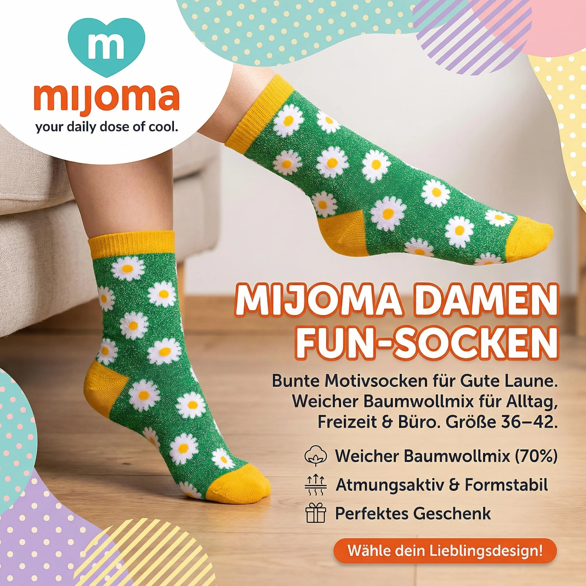 MIJOMA Damskie zabawne skarpety – kolorowe skarpety z fantazyjnymi wzorami – zabawne skarpety bawełniane na co dzień, na czas wolny i do biura