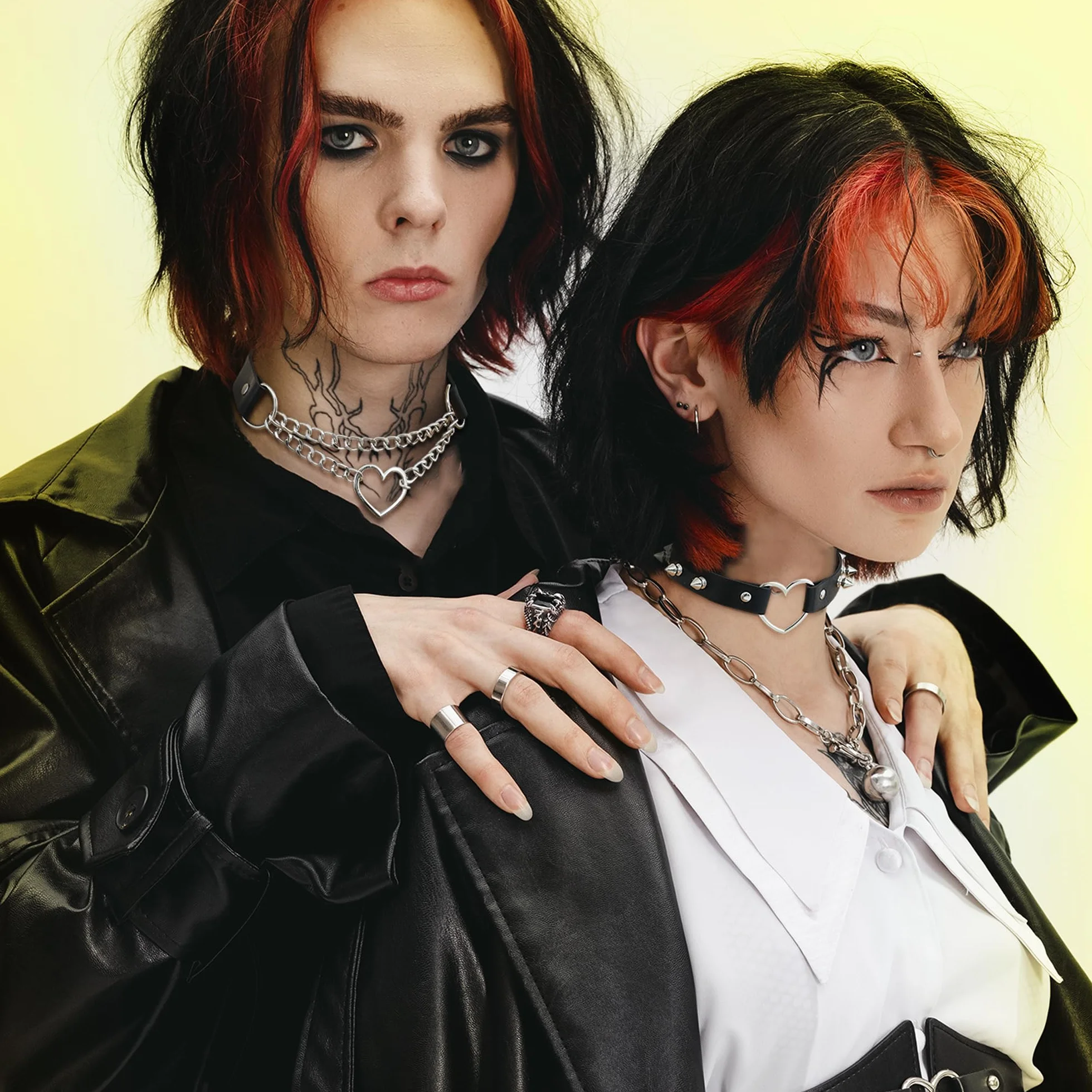 JeweBella naszyjnik typu choker dla kobiet i mężczyzn, ze skóry PU, naszyjnik punkowy, czarny, choker, kolce, skórzany rzemyk, regulowany naszyjnik, 9 szt.