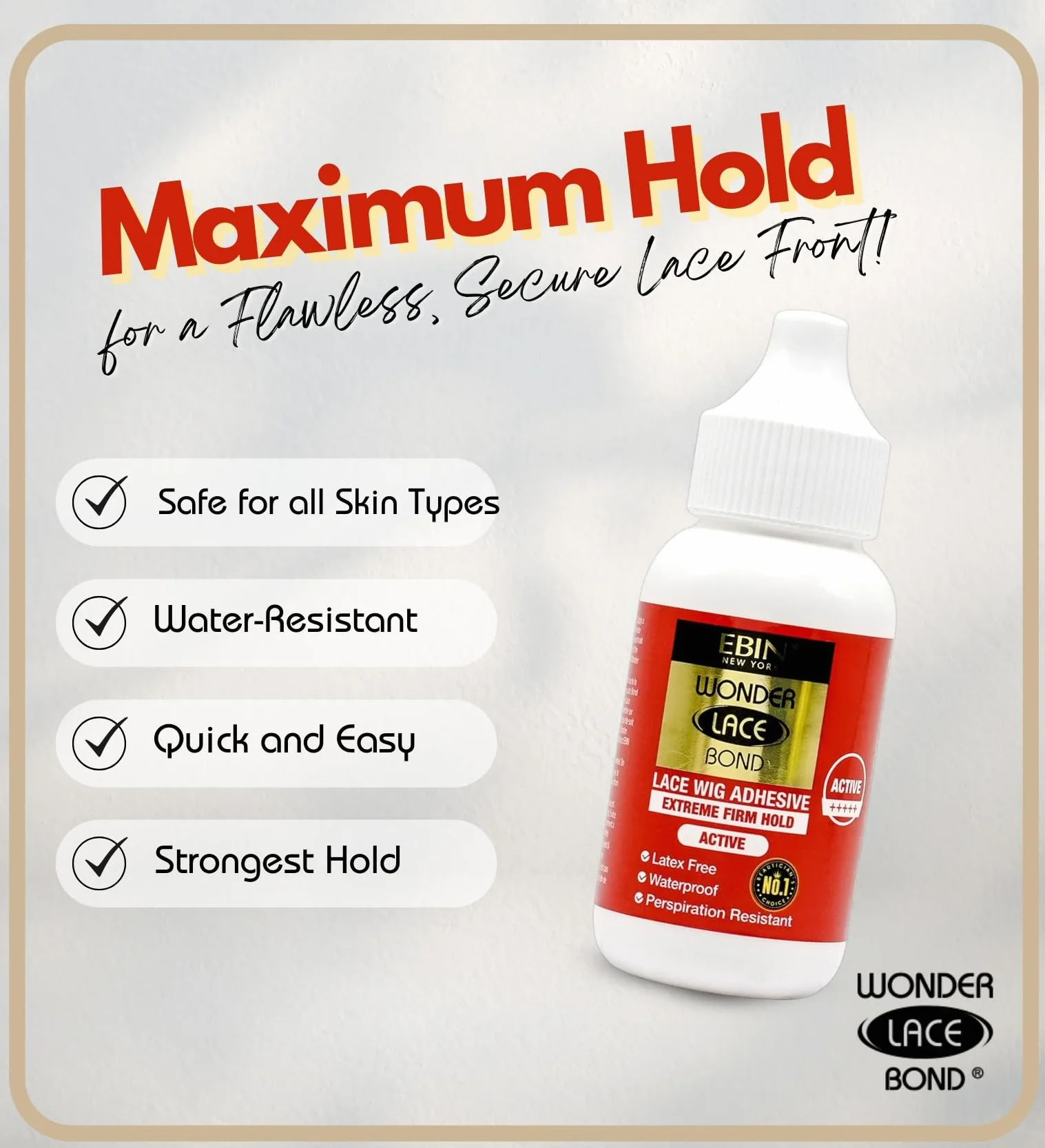 EBIN NEW YORK Wonder Lace Bond Extreme Firm Hold 33,5 g, bez pozostałości, ulepszona formuła, łatwa w aplikacji, szybkoschnąca, wodoodporna, bez lateksu, odporna na pot