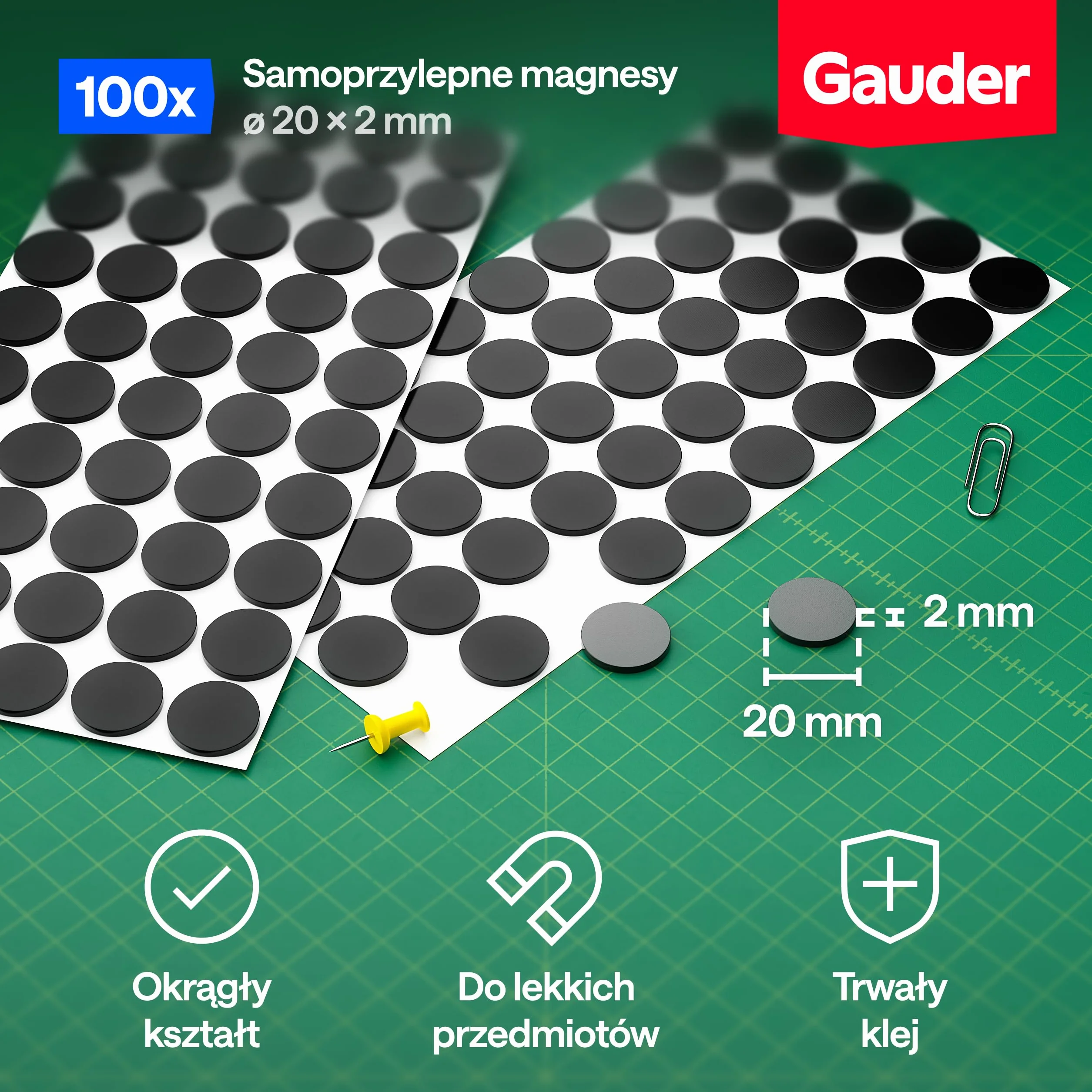 GAUDER Magnesy Samoprzylepne - Okrągłe Magnesy do Notatek, Zdjęć i Projektów Kreatywnych - Samoprzylepne Kropki Magnetyczne do Lekkich Przedmiotów (100 sztuk - 20 x 2 mm)