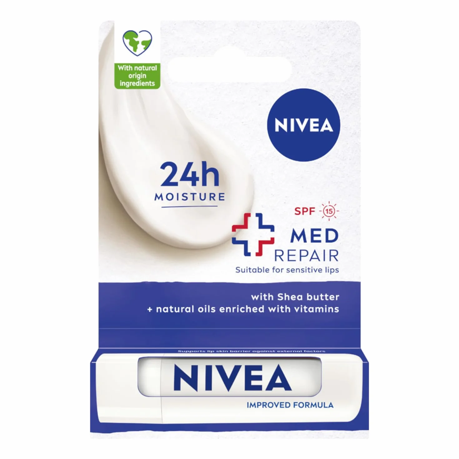 NIVEA Med Repair Nawilżająca pomadka do ust z masłem shea, pielegnującymi olejkami i witaminami SPF 15; 4,8 g