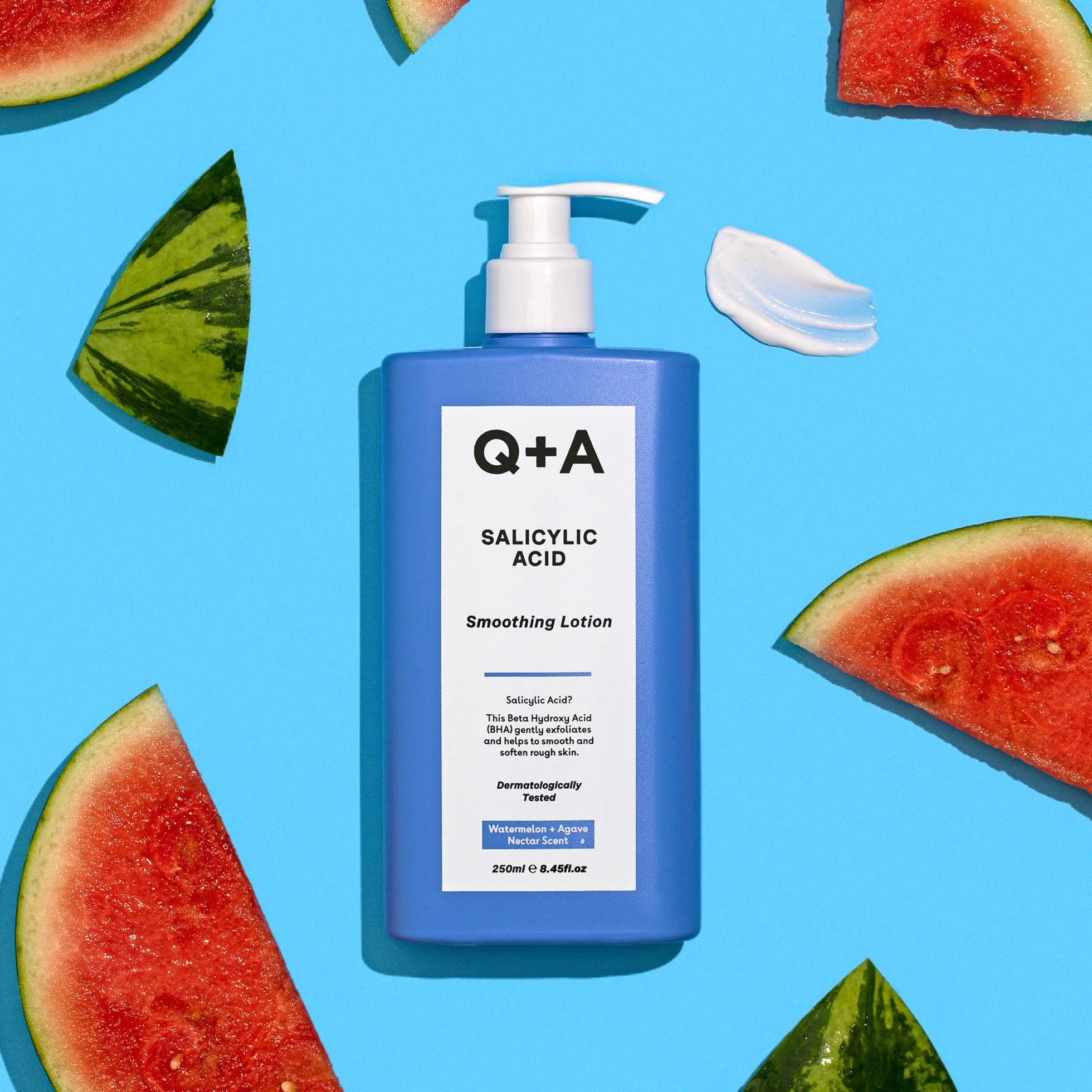 Q+A Balsam do ciała wygładzający z kwasem salicylowym (250ml), balsam do ciała z zapachami arbuza i agawy, alternatywa dla masła do ciała, wygładza szorstką, grudkowatą skórę, usuwa przebarwienia i