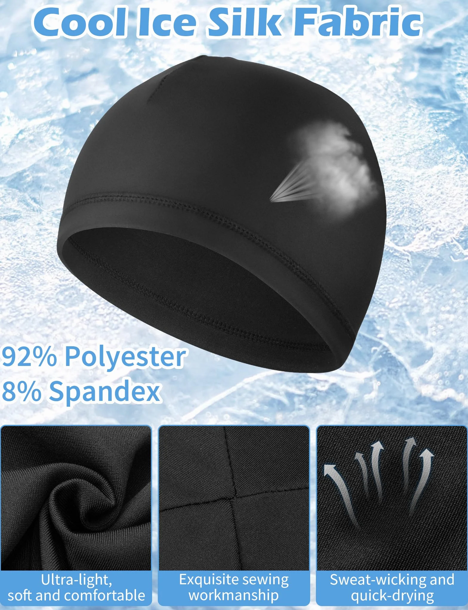 MELLIEX zestaw 3 sztuk czapek skull cap beanie, czapka do biegania odprowadzająca wilgoć, podszewka kasku, ochrona przed promieniowaniem UV, sportowe czapki letnie Wave, Czarny, Rozmiar uniwersalny