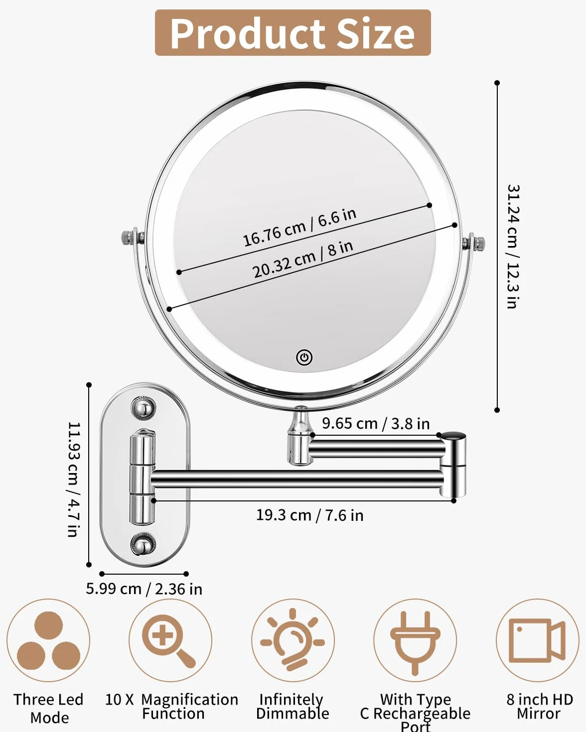 jutyum Lusterko kosmetyczne z oświetleniem LED, obracane o 360°, montaż ścienny, lustro do makijażu do łazienki, z oświetleniem 1x/10x, z oświetleniem, 3 kolory światła