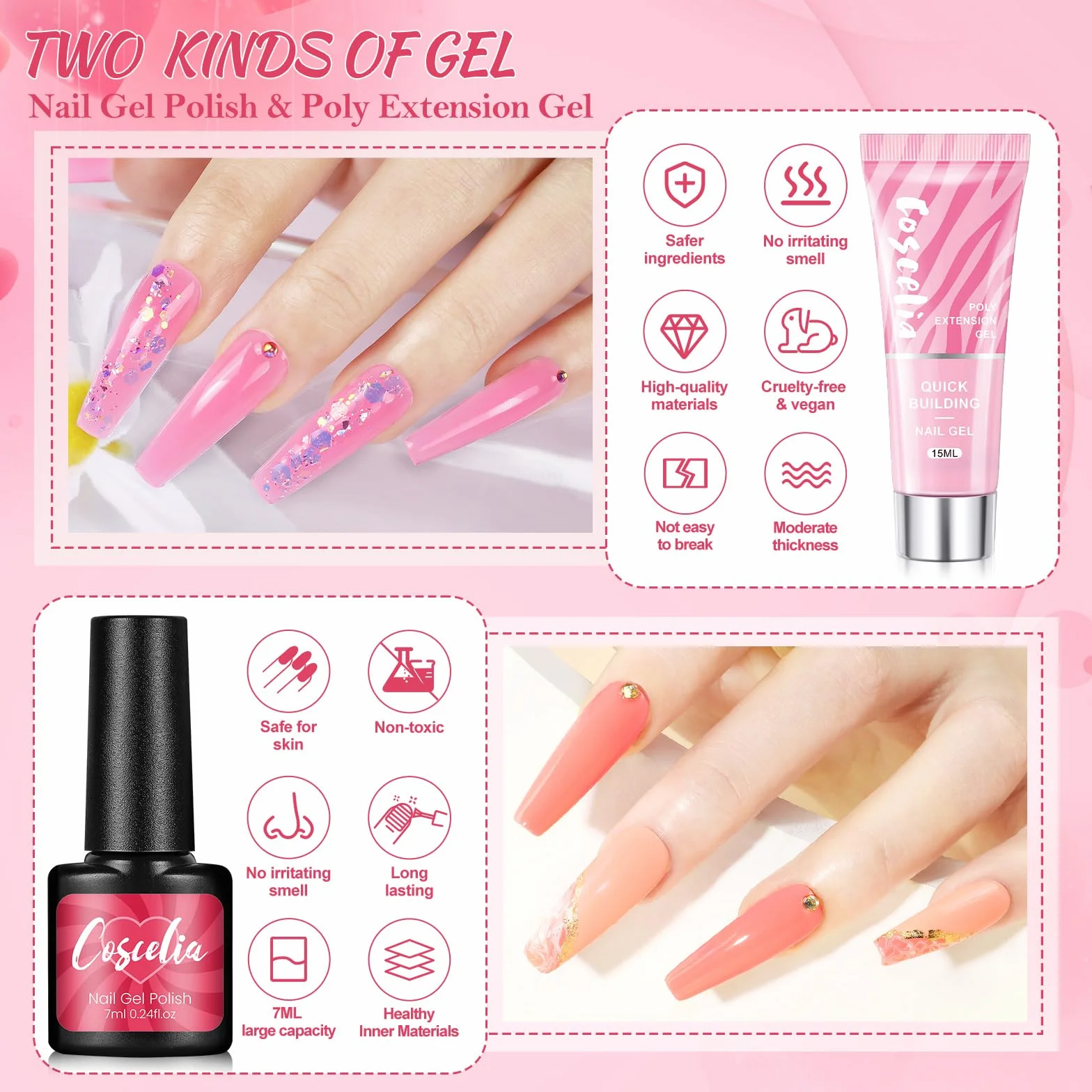 COSCELIA Zestaw lakierów do paznokci, 15 sztuk, żelowy lakier do paznokci z lampą 36 W U V/LED, 3 szt. Poly Nail Extension Gel, wiertarka do paznokci maszyna Top & Base Coat Nail Art dla
