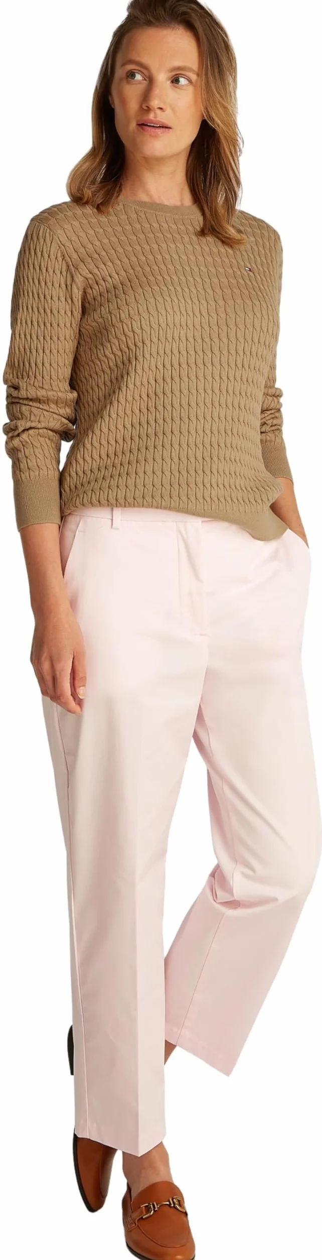 TOMMY HILFIGER Damski sweter CO Cable C-NK LS WW0WW44993, Khaki (płótno safari), L
