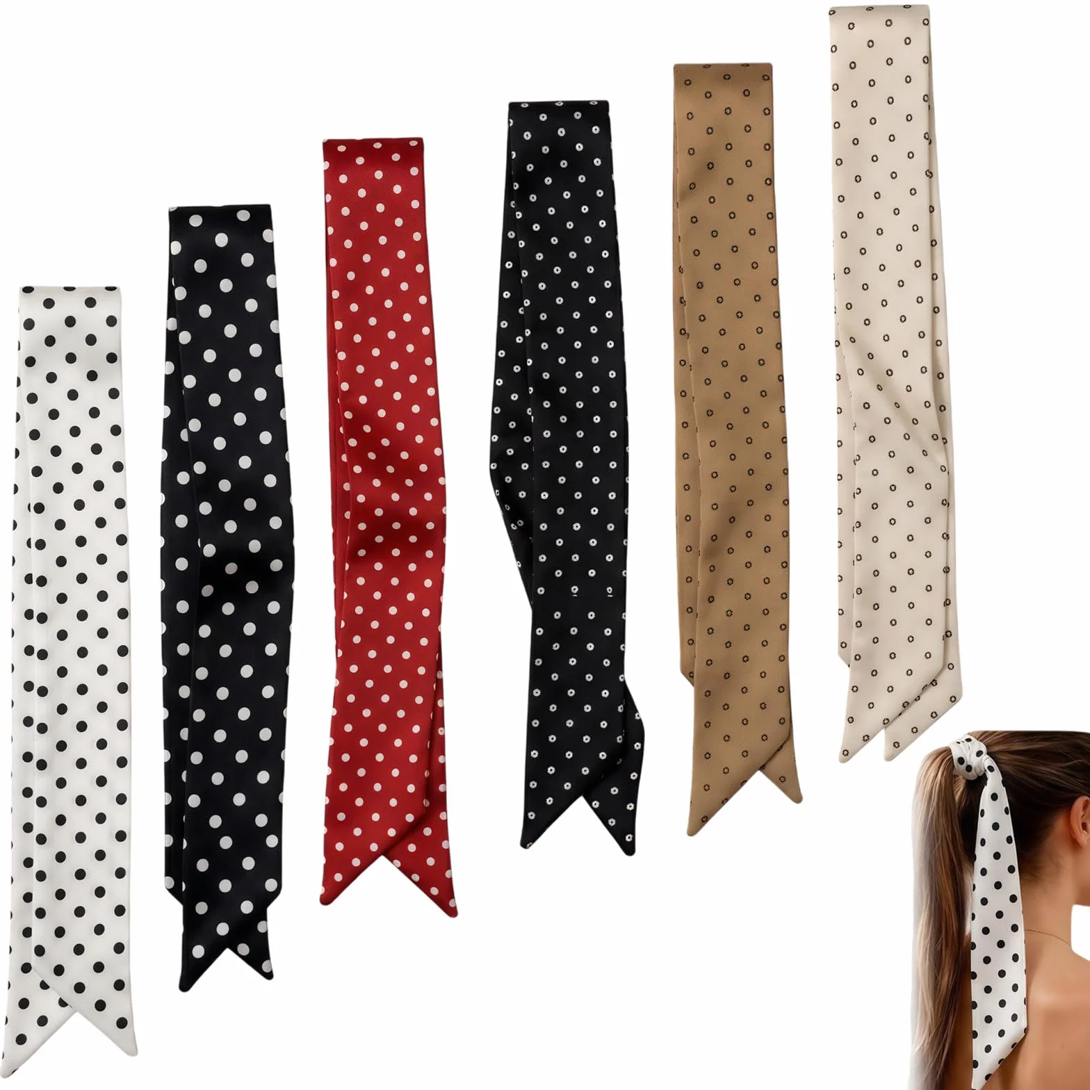 Jedwabne chusty do włosów, 6 sztuk jedwabnych chustek w kropki, materiał satynowy, wszechstronne zastosowanie, do włosów, szyi, nadgarstków i toreb, eleganckie akcesoria do włosów z