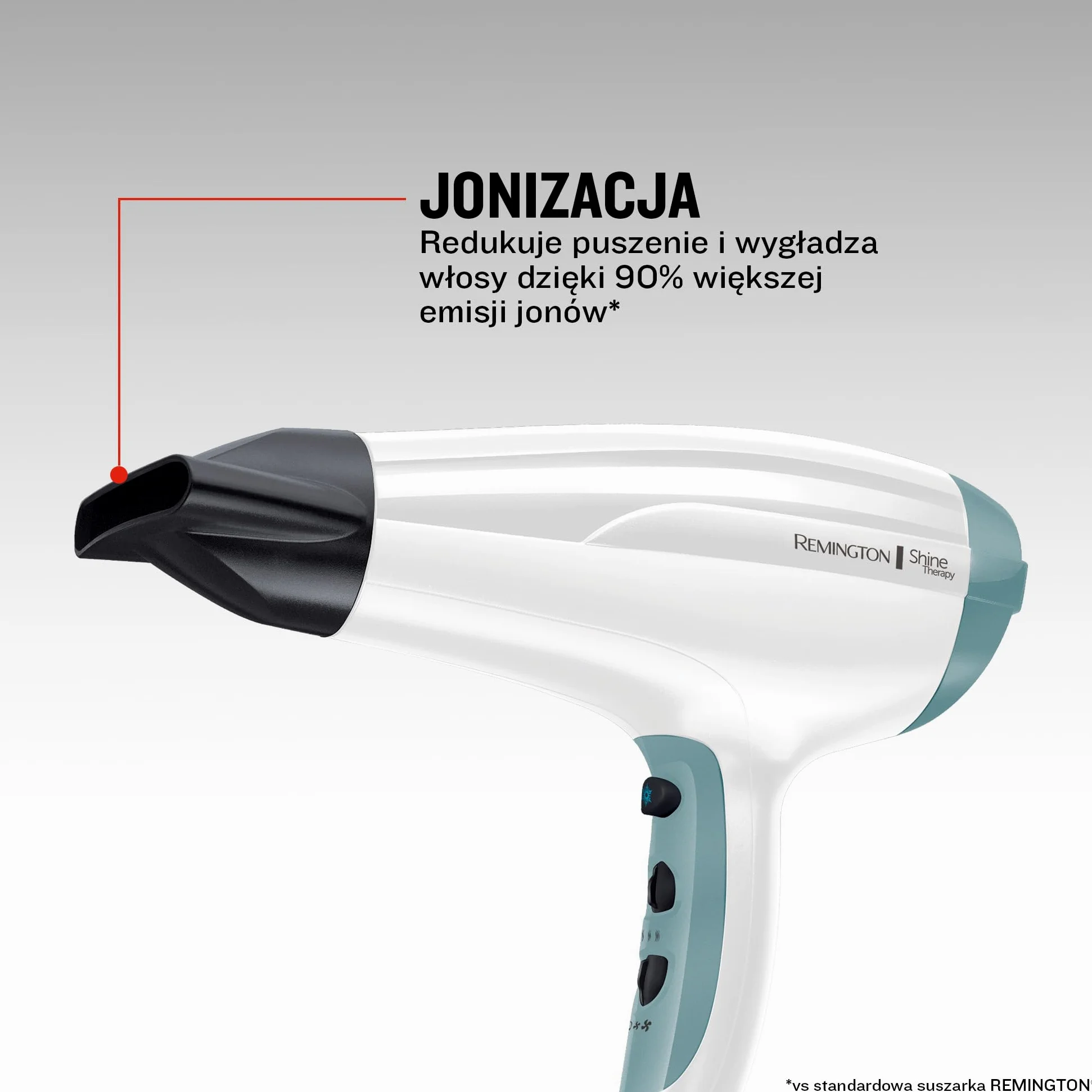 Remington suszarka do włosów z jonizacją, 3 ust. nagrzewania i 2 ust. nawiewu, koncentrator i dyfuzor, zimny nawiew, uchwyt do zawieszenia, łatwa do czyszczenia, moc 2300W, biała, Shine Therapy D5216