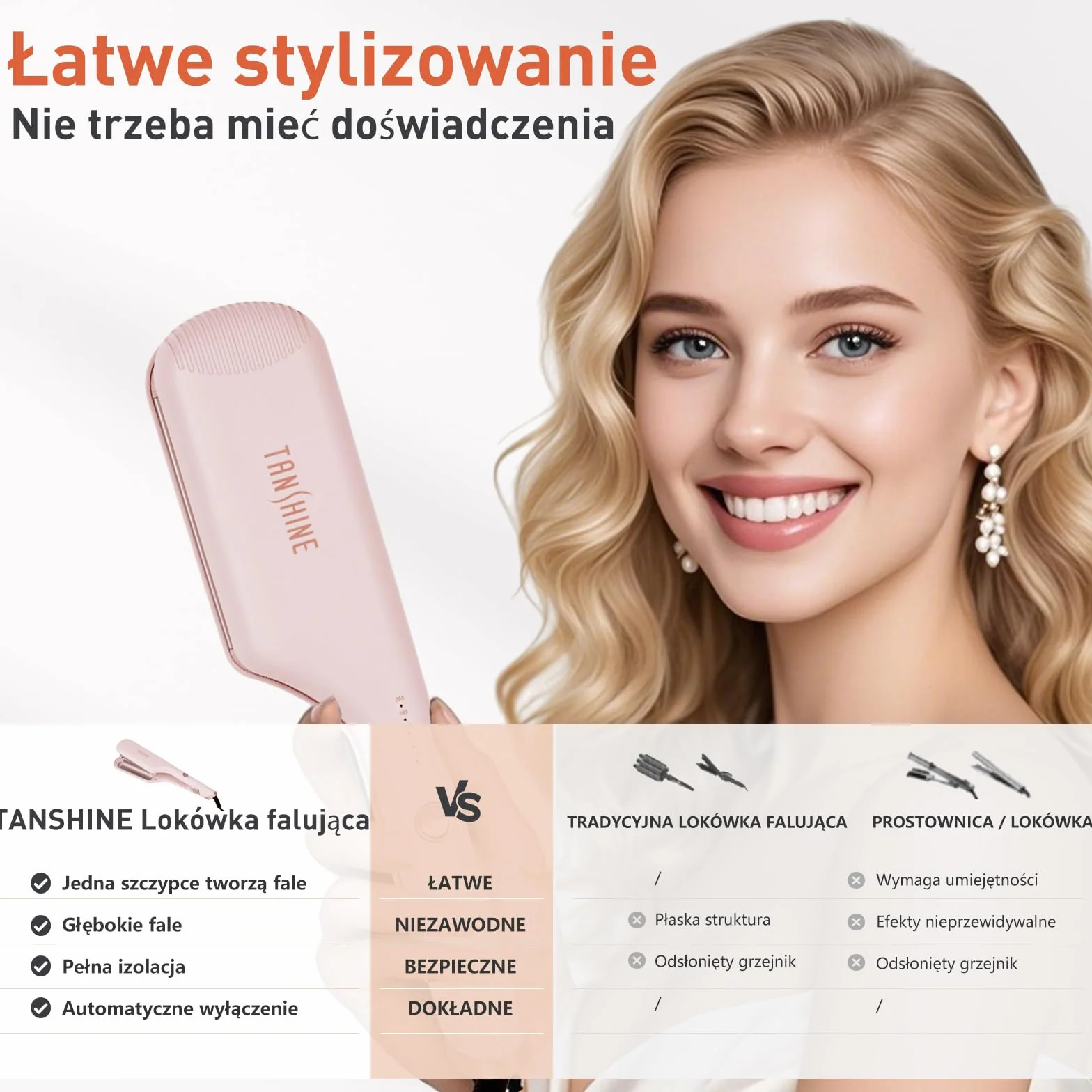 TANSHINE Lokówka Falista do Włosów 32 mm, Płytki Ceramiczne, 5 Temperatur, Różowa
