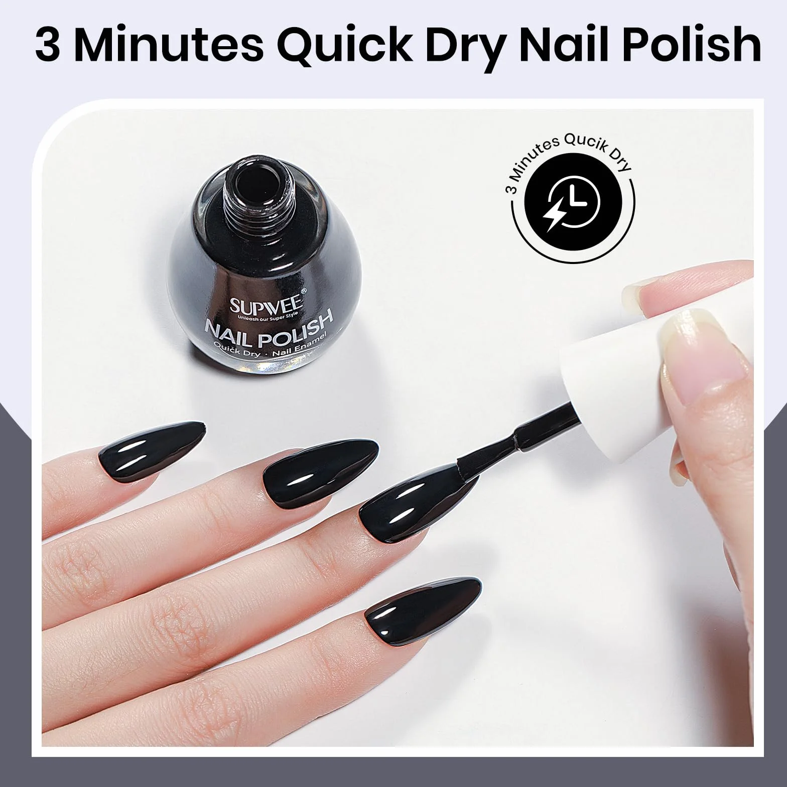 SUPWEE Lakier do paznokci, czarny, 16 ml, szybkoschnący, długo utrzymujący się czarny lakier bez lampy UV Oil Based Black Nail Polish do manicure w domu