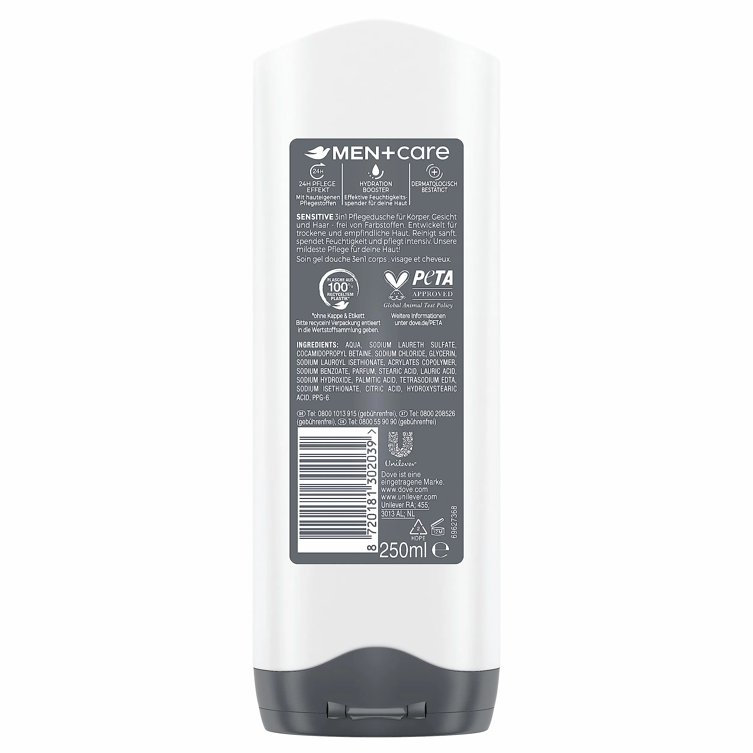 Dove Men+Care żel pod prysznic 3 w 1 Sensitive żel pod prysznic do ciała, twarzy i włosów do skóry wrażliwej, 250 ml
