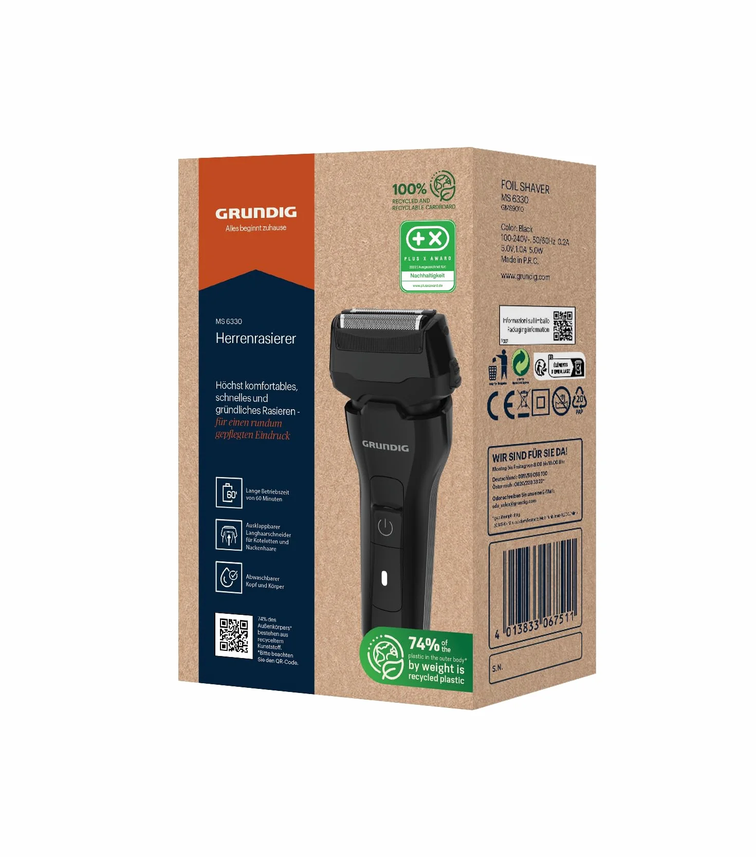 GRUNDIG MS 6330 męska golarka, czas pracy 60 min, rozkładana maszynka do długich włosów, potrójny system cięcia, obudowa z 74% tworzywa sztucznego pochodzącego z recyklingu, zastosowanie na całym