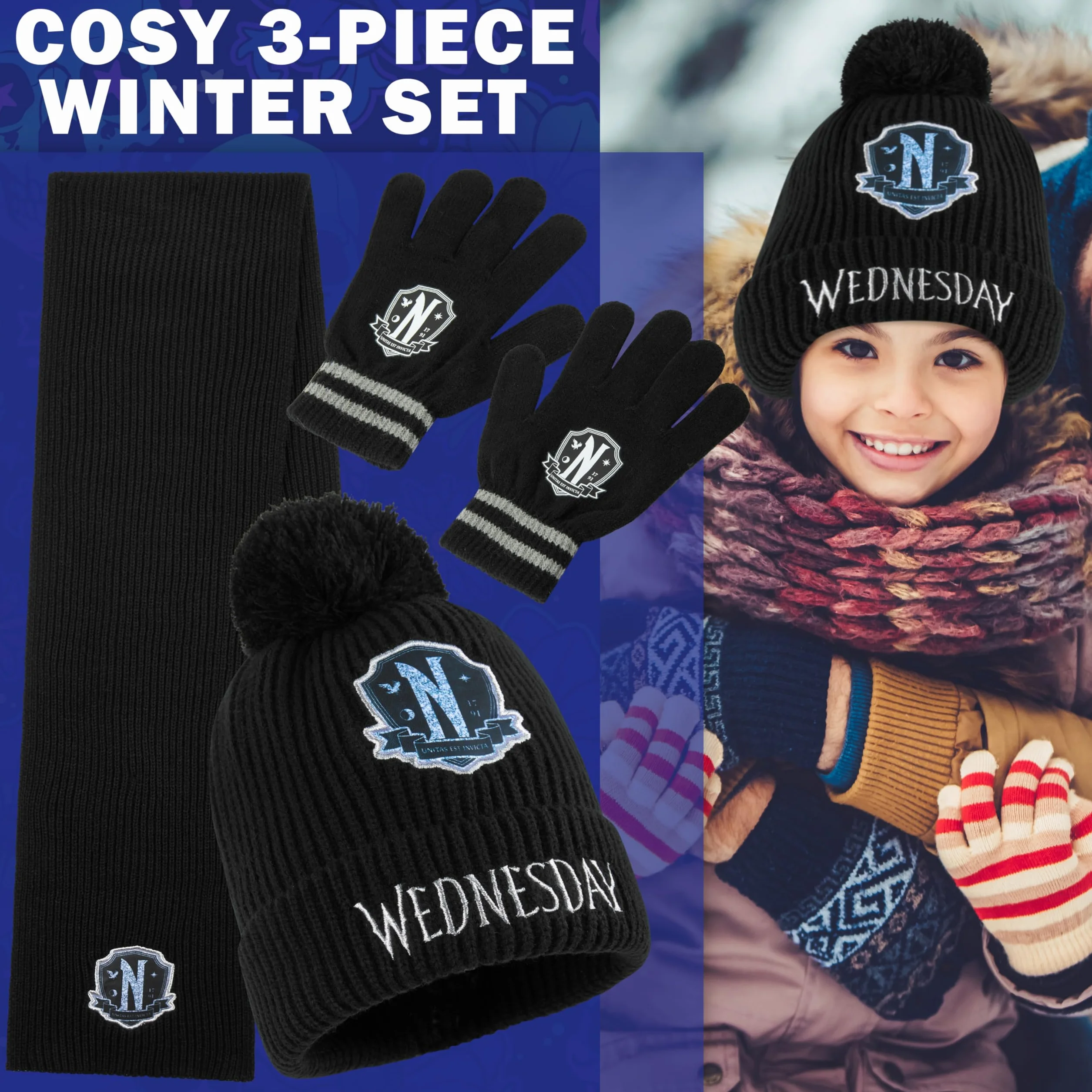 Wednesday Zestaw akcesoriów zimowych z zimową czapką beanie dla dziewczynek i nastolatków 6-14 lat, 3-częściowy ciepły szal i rękawiczki z dzianin, gotyckie prezenty dla dziewczynek