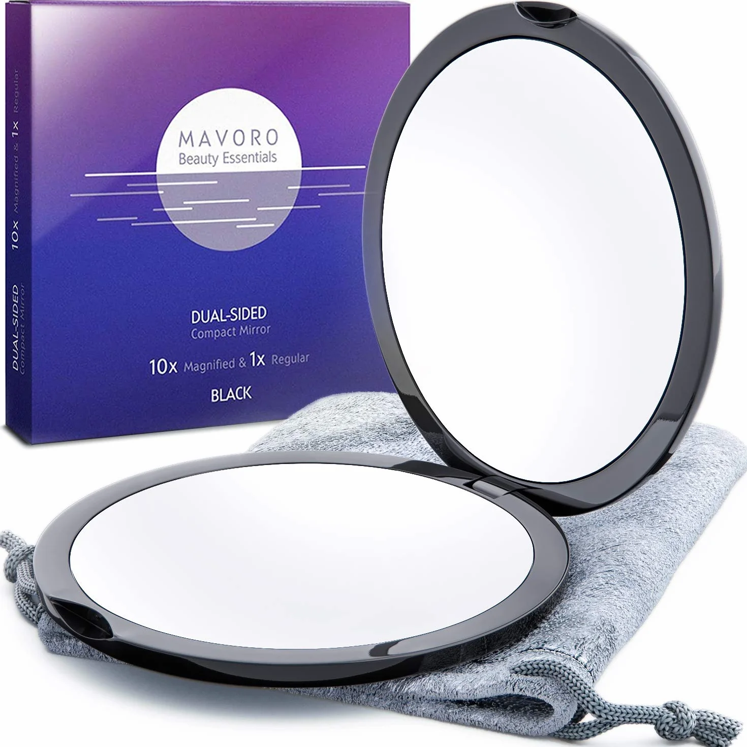 Mavoro Powiększające lusterko kompaktowe do torebki, powiększenie 1x/10-krotne – czarne dwustronne lusterko do makijażu podróżnego, małe lusterko kieszonkowe 10 cm lub lusterko kieszonkowe (Czarny)