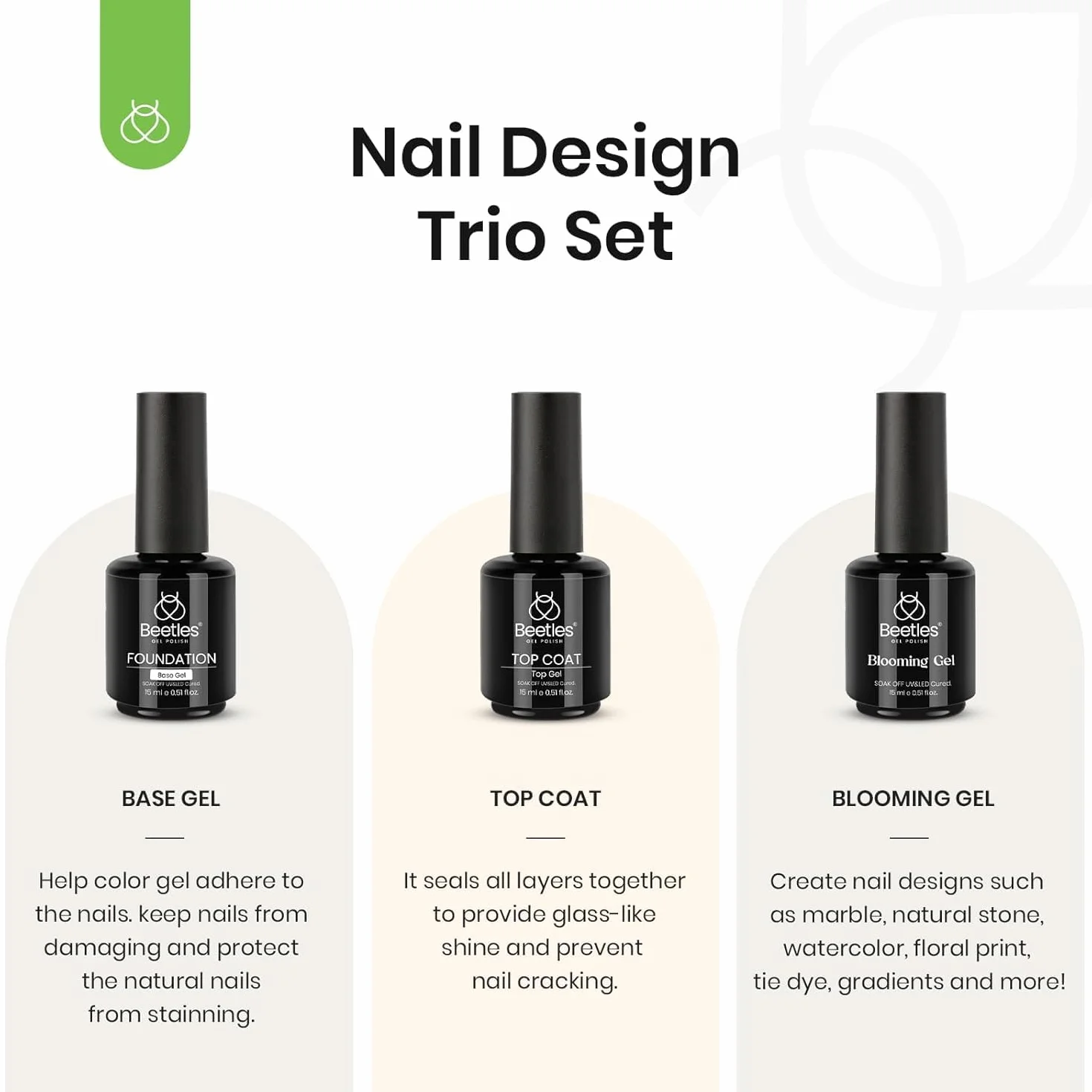 Beetles Nail Blooming Gel & No Wipe Gel Base Top Coat Set, 3 sztuki 15 ml żelu bazowego o błyszczącym wykończeniu, który może być żelowym prezentem do manicure dla kobiet