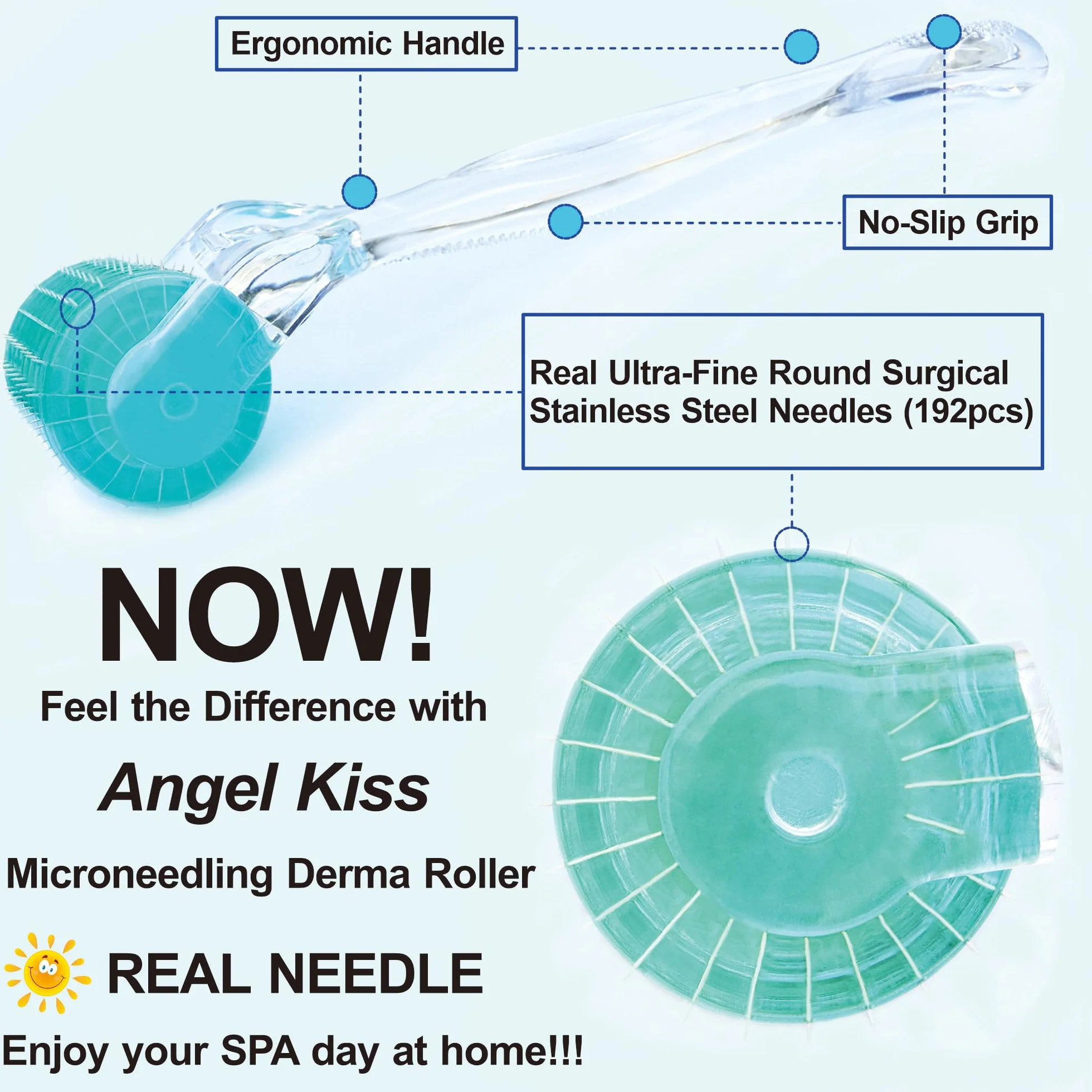 Angel Kiss Derma Roller 1,0 mm, prawdziwe igły - 192 pojedyncze igły ze stali nierdzewnej, wałek do mikroneedlingu do twarzy, ciała, brody, skóry włosowej i pielęgnacji skóry