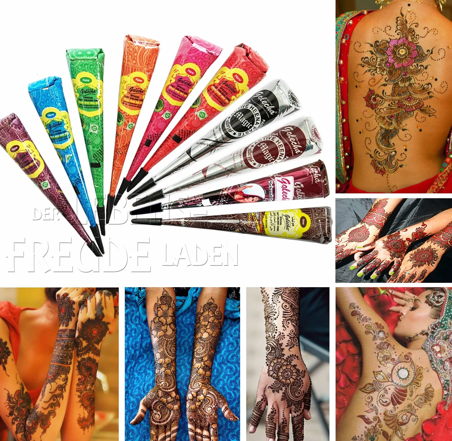JPR – 10 x Natural Mehndi Cones (wielokolorowe), bez mieszanki, halal Veg, przetestowane klinicznie i certyfikowane – do tymczasowego designu tatuażu Bodyart (duże stożki) 250 g + kartka pocztowa SRK