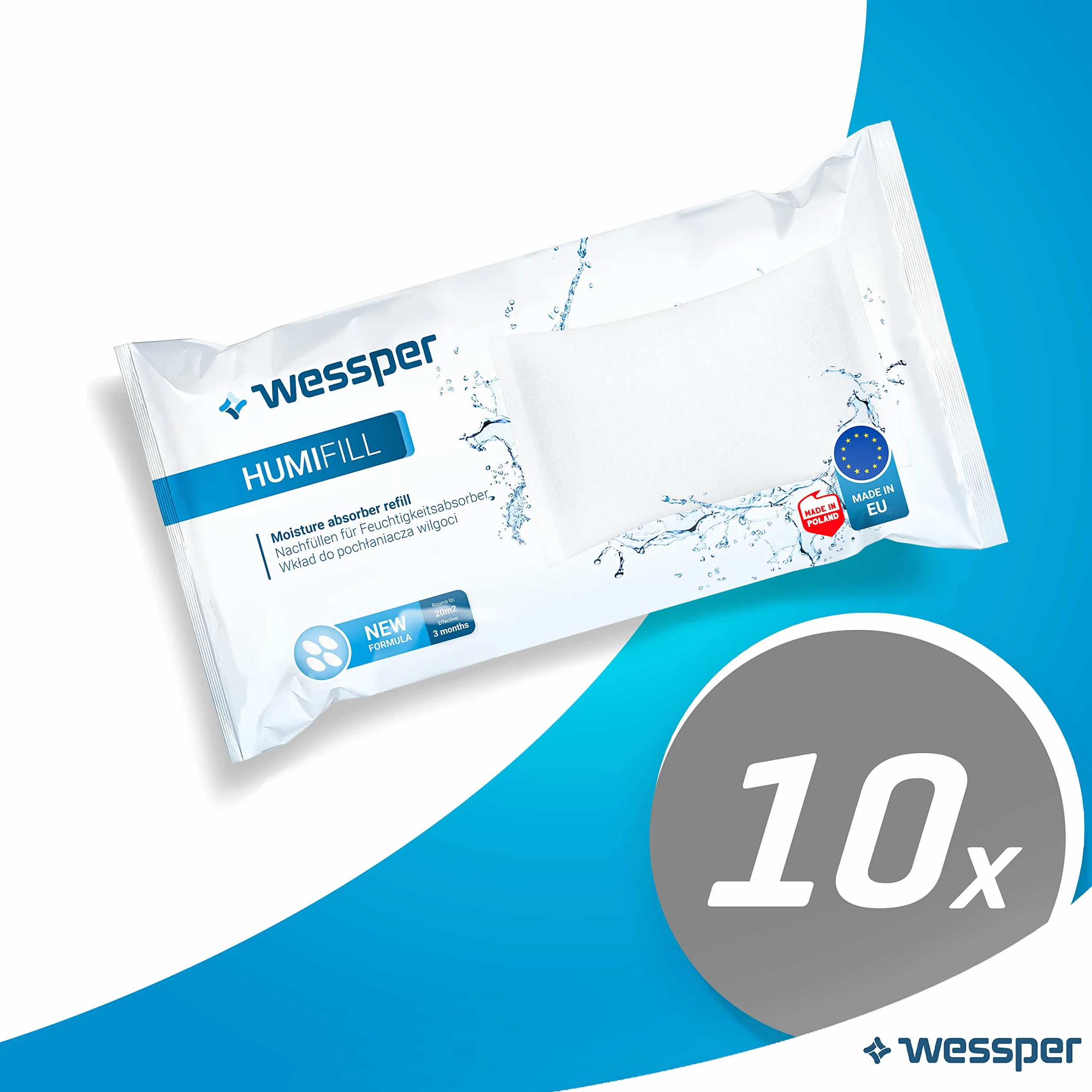Wessper Humifill Classic zestaw uzupełniający, osuszacz powietrza do pomieszczeń, pasuje do wszystkich pochłaniaczy wilgoci, do samochodów, biura, piwnicy, przechowywania, salonu, 10 sztuk, 250 g, biały
