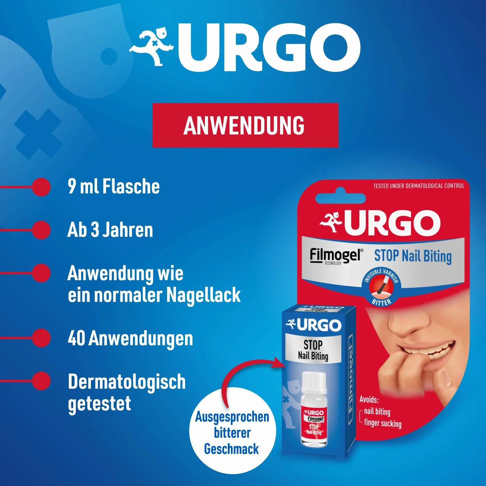 Urgo - Stop obgryzania paznokci - przezroczysty i gorzki smak lakieru do paznokci - w przypadku obgrytych i uszkodzonych paznokci i ssania kciuka - od 3 lat - 9 ml - 40 zastosowań
