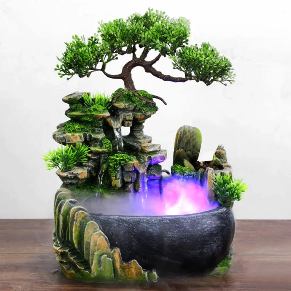 Fontanna na biurko, wewnętrzna fontanna na biurko Wodospad LED Fontanna na biurko ze zmianą koloru do dekoracji biurka Symulacja Rockery Humidifier Decor (EU 220V)