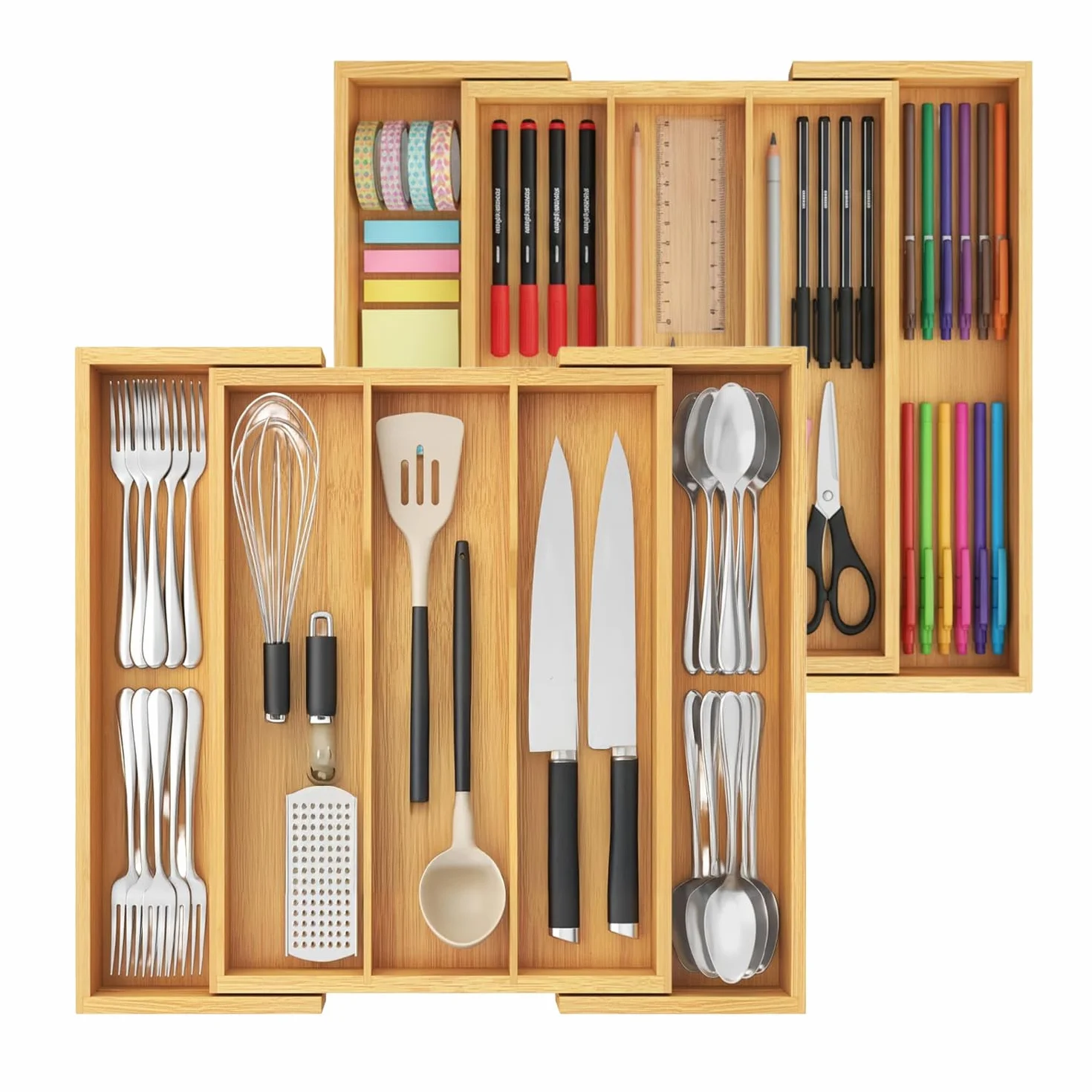 Avilia Pojemnik na sztućce z 5 wysuwanymi bambusowymi przegródkami - organizer do szuflad kuchennych, regulowane przegrody do szuflad od 33 cm do 55 cm, oszczędzający miejsce organizer do szuflad, 43