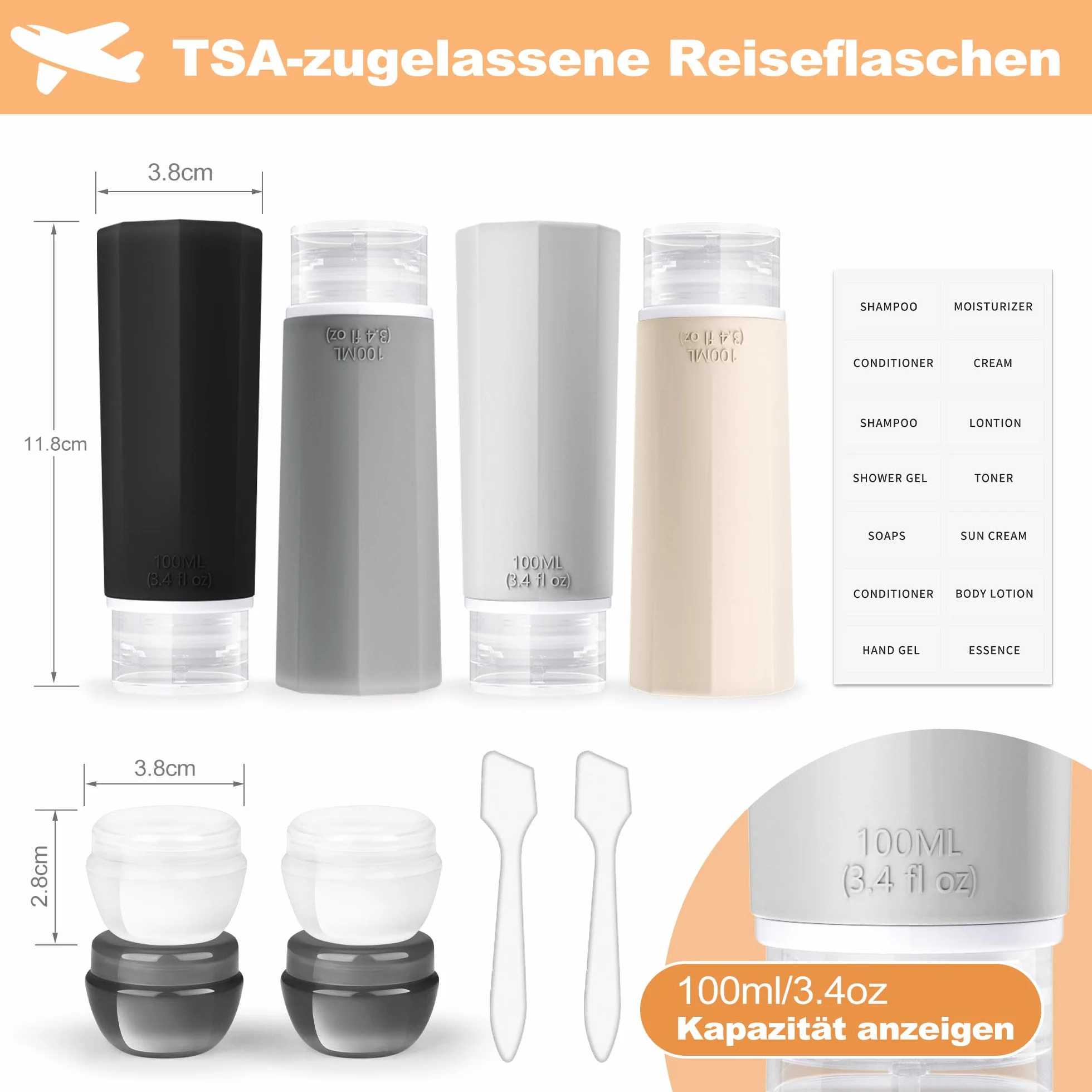 Opret Zestaw 12 silikonowych butelek podróżnych, 100 ml, do napełniania kosmetykami w płynie, szczelne, do wielokrotnego napełniania, puste butelki podróżne, pojemniki podróżne
