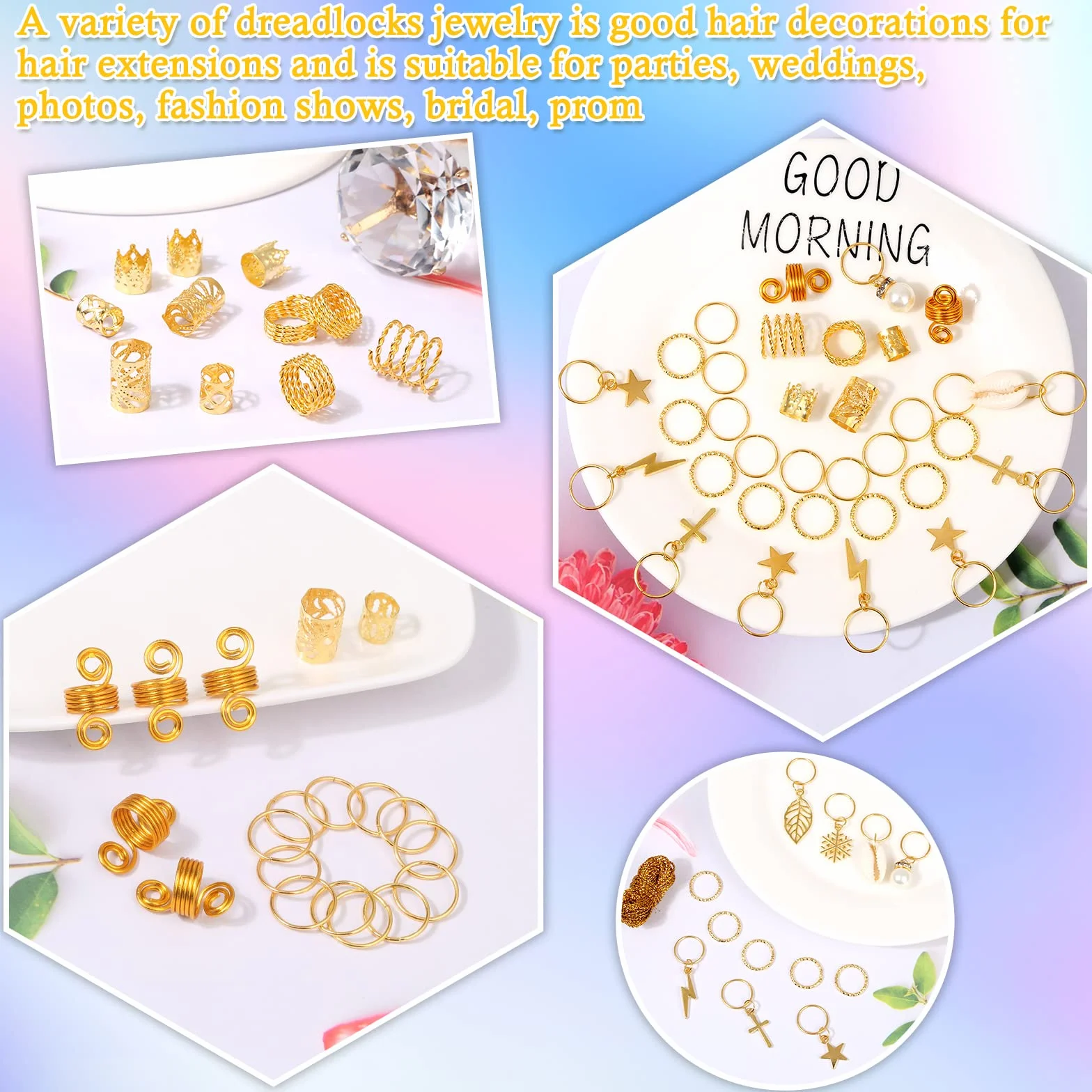 Lucomb 259 sztuk Hair Jewelry for Braids, Loc Jewelry for Hair Dreadlock, Hair Jewelry for Women, Metal Gold Braids Ring Cuffs Cuffs Clip for Dreadlock Accessories Hair Braids Jewelry Decorations