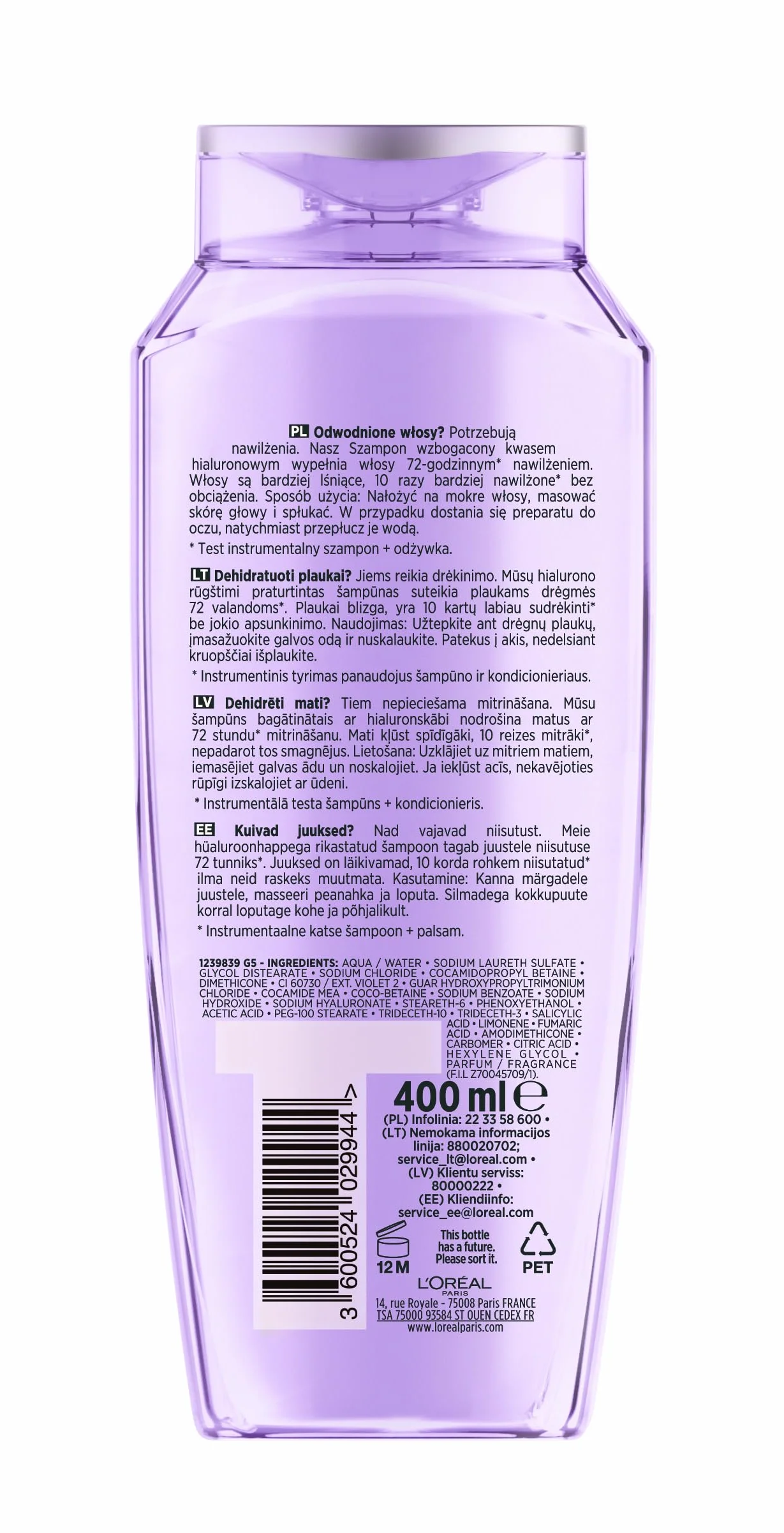L'Oréal Paris Elseve, szampon nawilżający dla błyszczących i zdrowych włosów, z kwasem hialuronowym dla zwiększenia nawilżenia, Hyaluron Plump, 400 ml