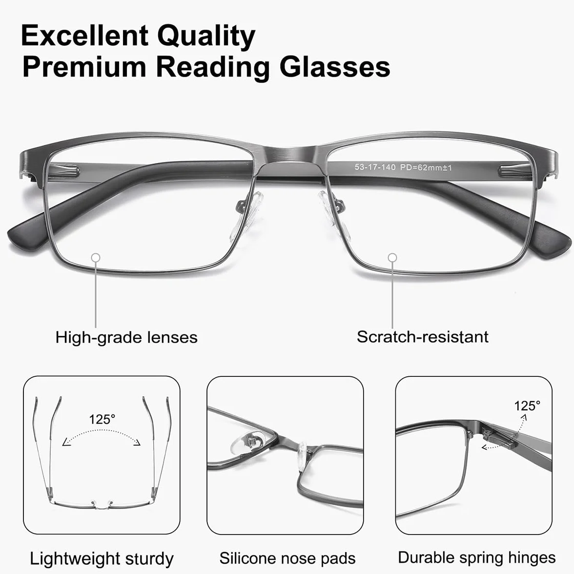 EYECEDAR Amcedar 5 stuks okulary do czytania męskie prostokątne oprawki metal szary stal szlachetna materiał