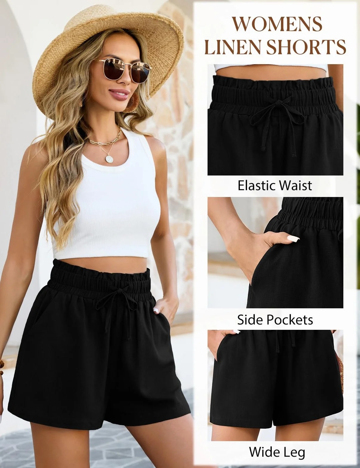 Szorty damskie letnie lniane muślinowe krótkie spodnie Elastisc High Waist bermudy szorty swobodne szerokie luźne letnie szorty z kieszeniami