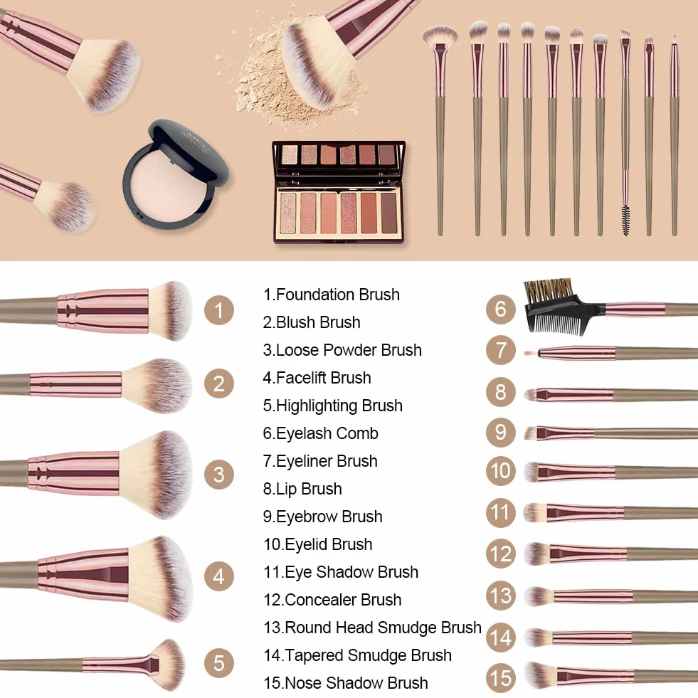 Vicloon Profesjonalny zestaw pędzli do makijażu, 15 stz,w zestawie torbą ze skóry PU i 2 gąbeczki,cienie do powiek, podkładu,eyeliner, tusz do rzęs, pędzel do brwi,wielofunkcyjny zestaw pędzli,Czarny