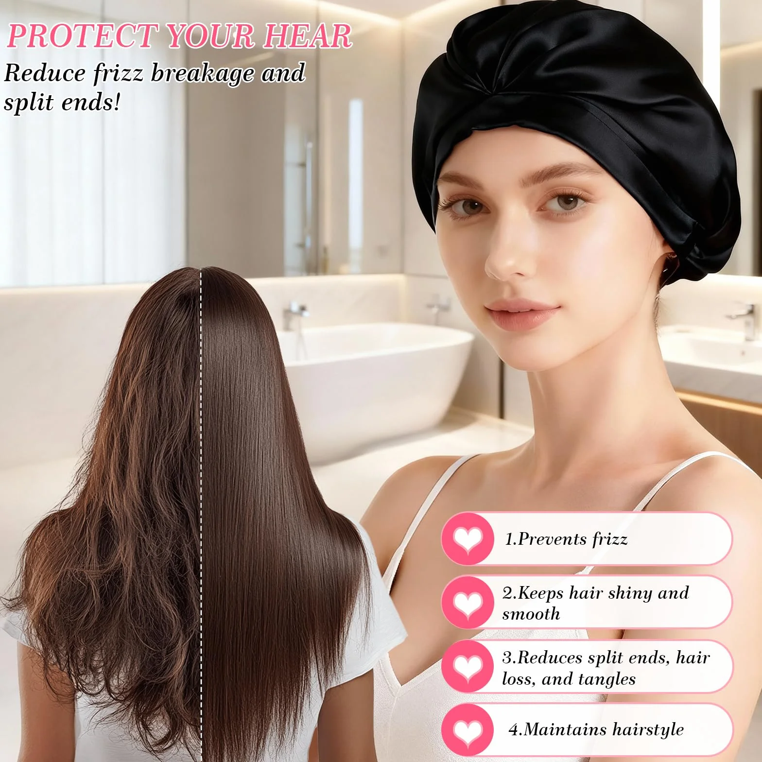 Jedwabny czepek do spania, 100% jedwab morwowy, regulowana, miękka czapka do spania Bonnet jedwabna do kręconych i prostych włosów, czarny, Rozmiar uniwersalny