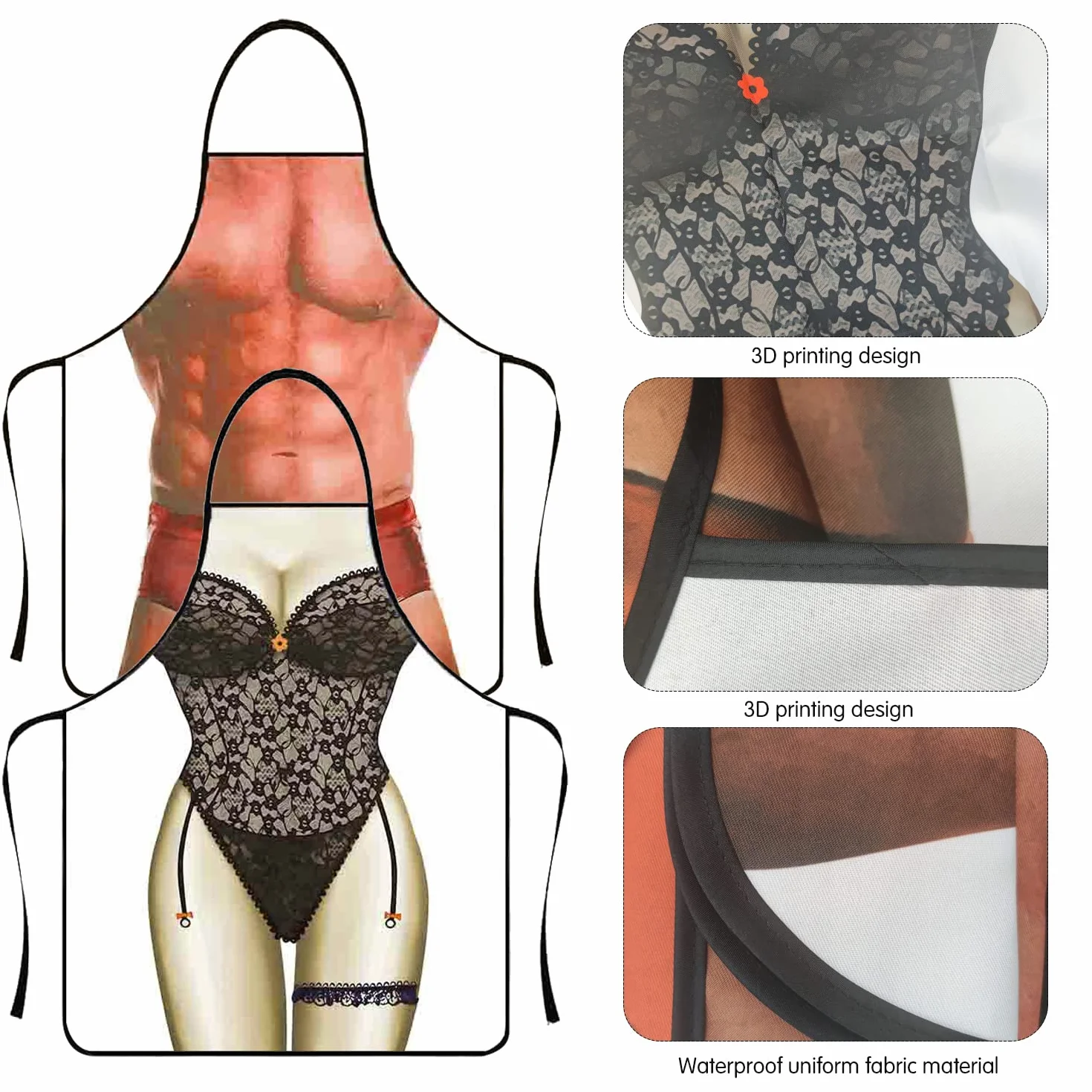 2 szt. Zabawny fartuch kuchenny dla kobiet i mężczyzn, seksowny fartuch kucharski, spersonalizowany 3D, mięśniowy mężczyzna, bikini dla kobiet, fartuch imprezowy dla mężczyzn, zabawny, 80 x 60