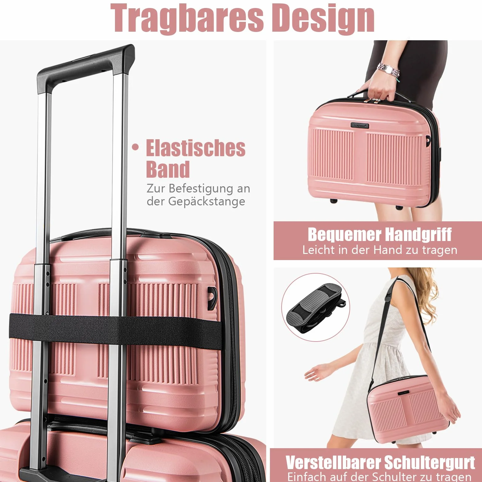 COSTWAY 2-częściowy zestaw bagażu, walizka podręczna o przekątnej 14", z zamkiem TSA, port USB, bagaż na kółkach, 2 sztuki, różowy, 14” + 20", Operacje
