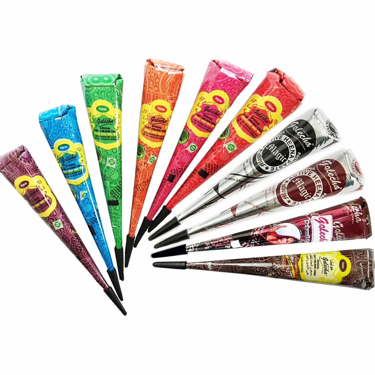 JPR – 10 x Natural Mehndi Cones (wielokolorowe), bez mieszanki, halal Veg, przetestowane klinicznie i certyfikowane – do tymczasowego designu tatuażu Bodyart (duże stożki) 250 g + kartka pocztowa SRK