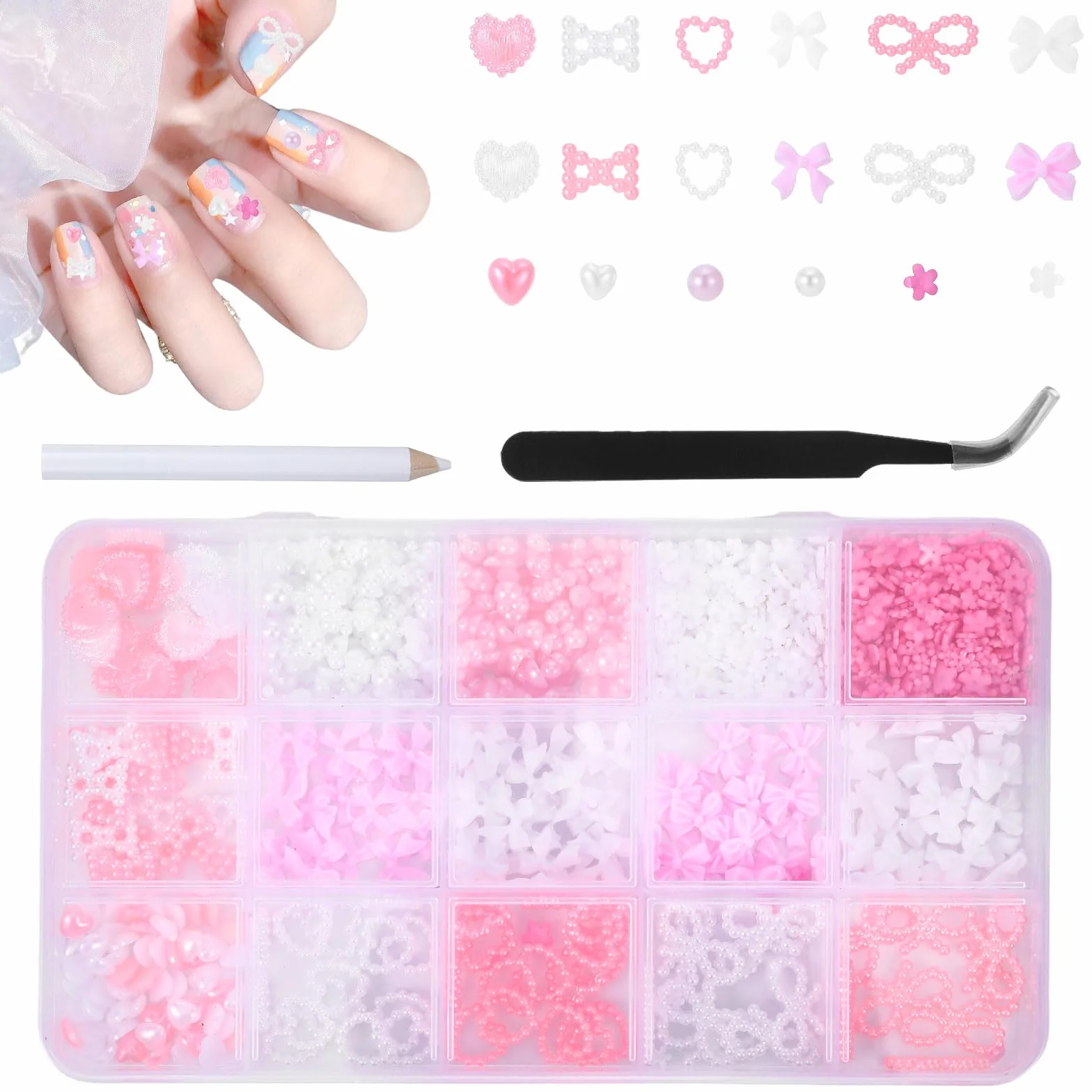 Zestaw 15 zawieszek do paznokci – kreatywna ozdoba do paznokci charmsów – różnorodna dekoracja z kamieniami do paznokci i kamieniami do paznokci – idealna do manicure DIY i profesjonalnego