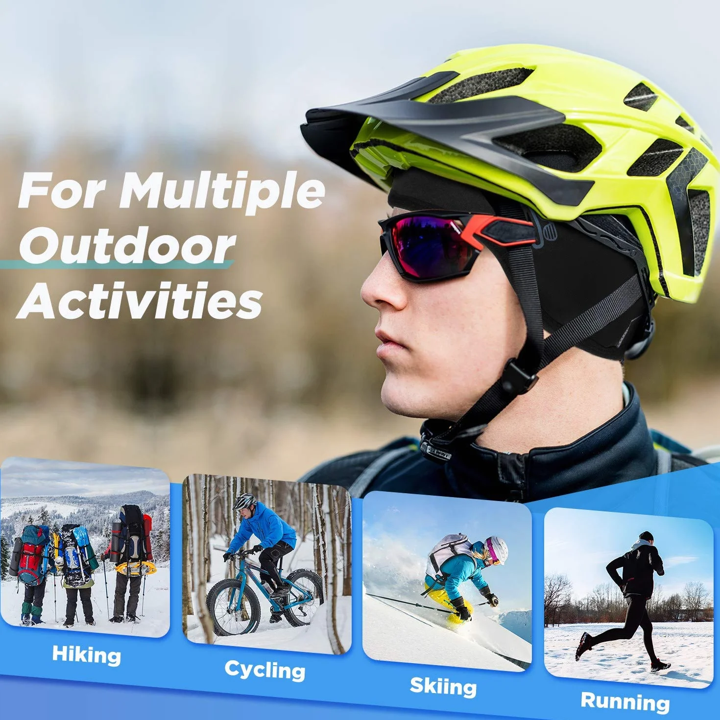HIKENTURE Czapka rowerowa na zimę, ciepła i wiatroszczelna, wygodna czapka pod kask rowerowy, kask narciarski, na rower wyścigowy, górski, lekka czapka na kask z otworem na okulary lub bez